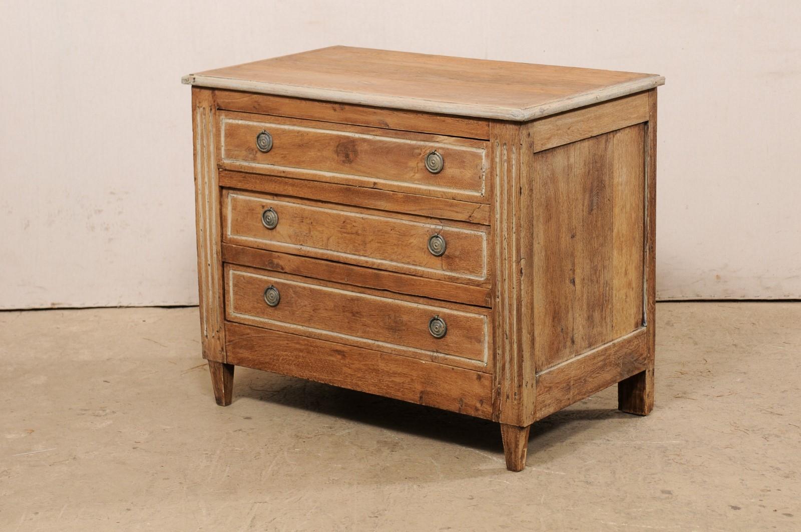 18th C. French Commode of 3 Drawers W/Flute-Carved Side Posts & a Great Patina 6