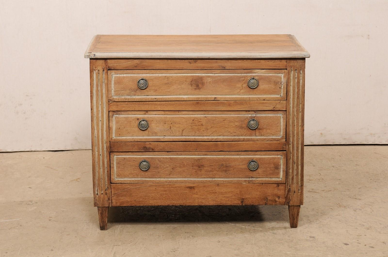18th C. French Commode of 3 Drawers W/Flute-Carved Side Posts & a Great Patina 7