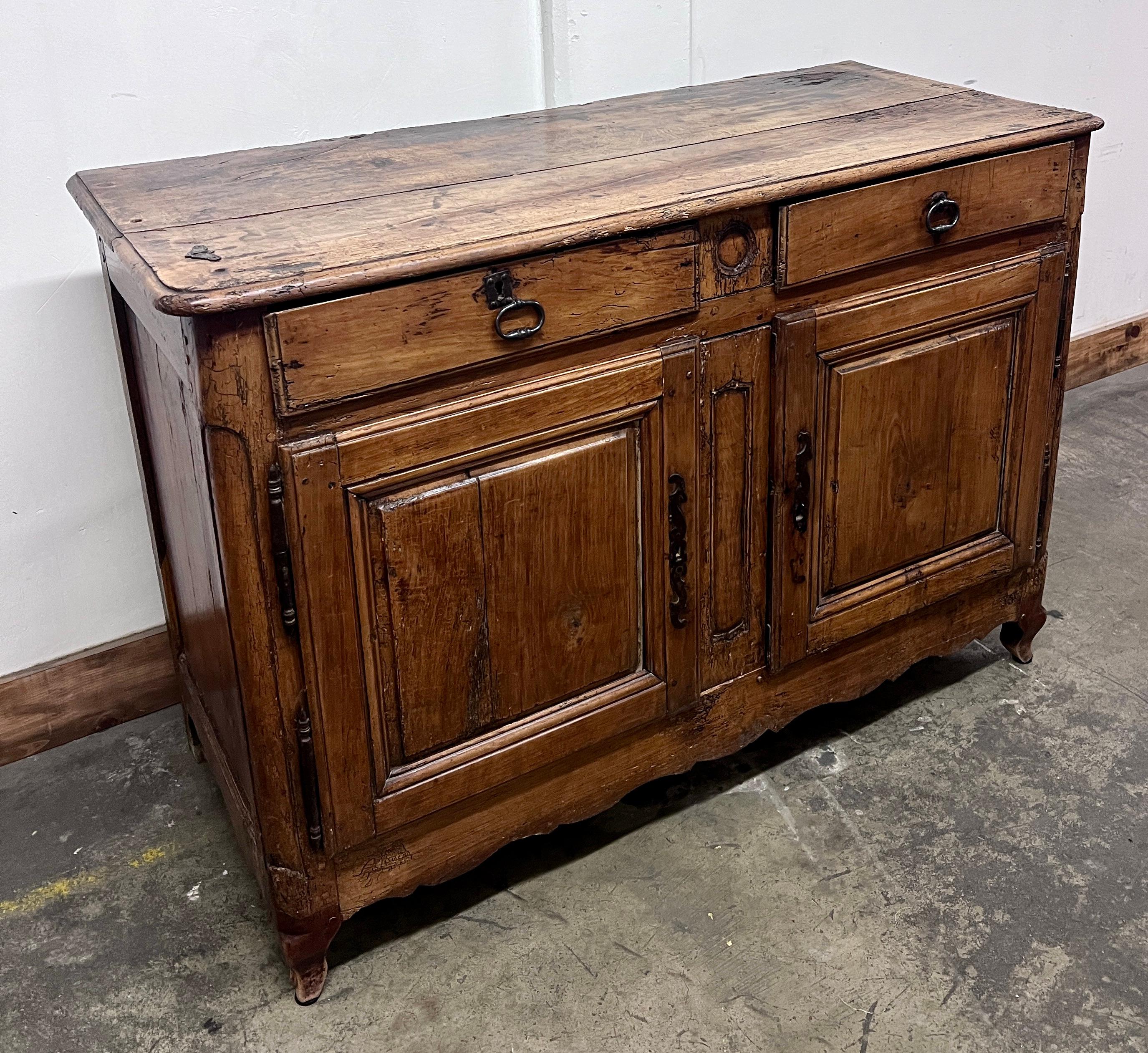 Regency 18th C. French Country Louis xv Walnut Two Drawer Buffet with Storage For Sale