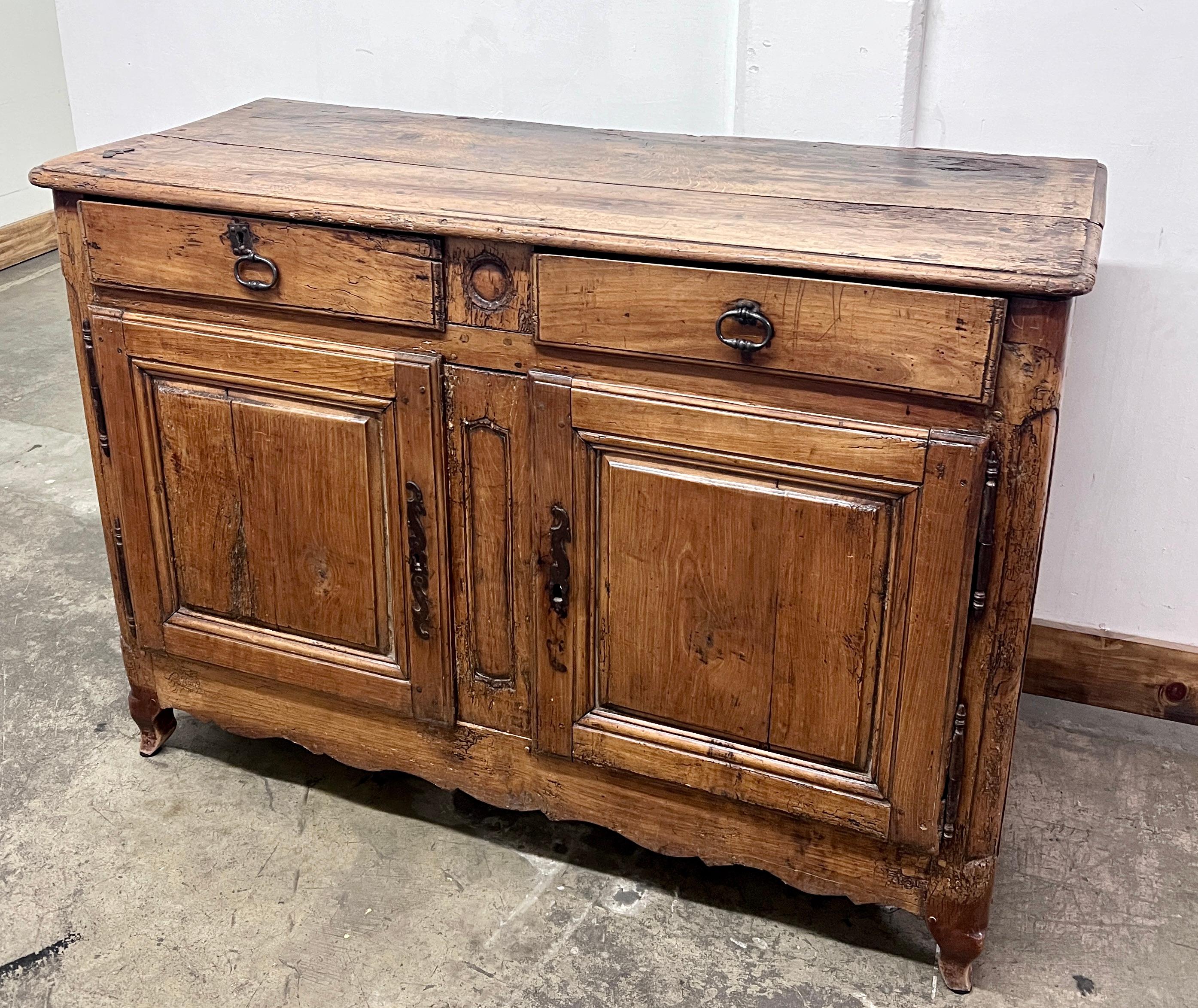 Hand-Crafted 18th C. French Country Louis xv Walnut Two Drawer Buffet with Storage For Sale