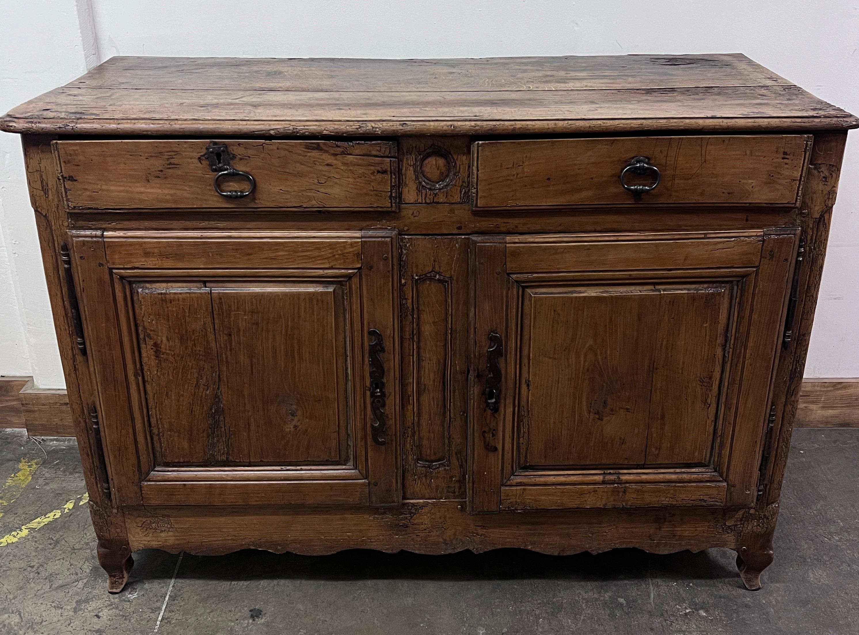 18th C. French Country Louis xv Walnut Two Drawer Buffet with Storage For Sale 2