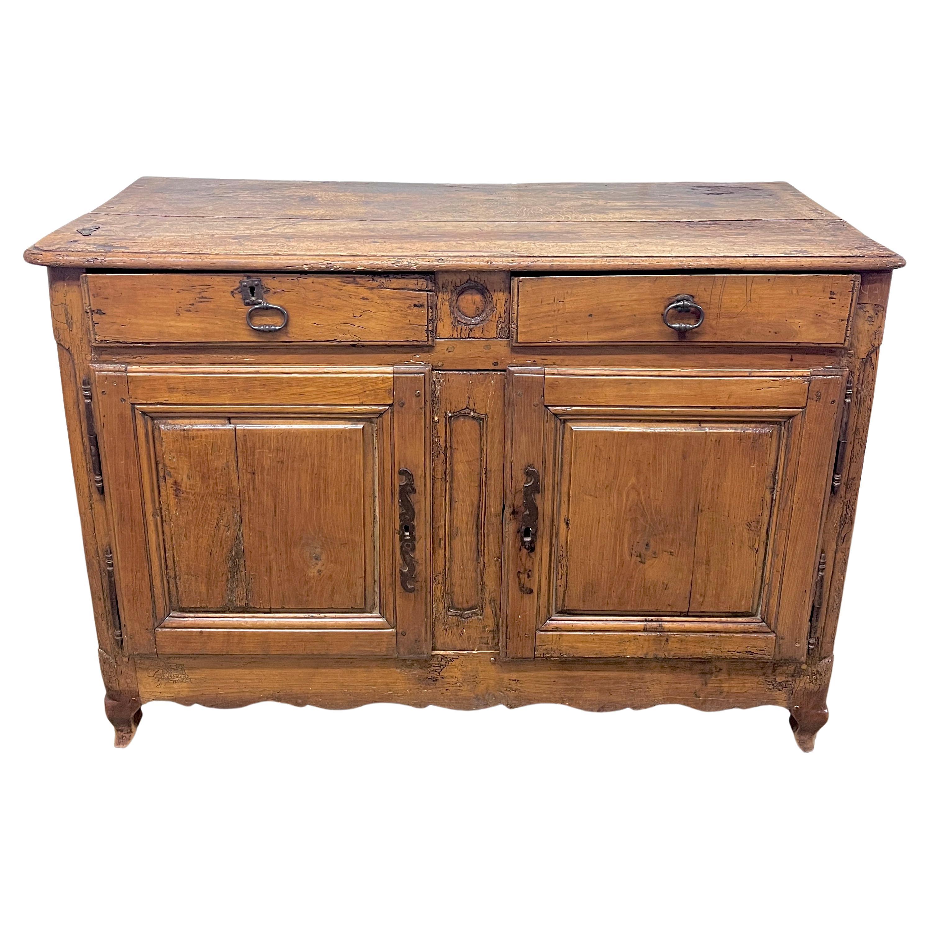 18th C. French Country Louis xv Walnut Two Drawer Buffet with Storage For Sale