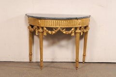 18th C. French Demi-Lune Table w/Garland Swag Skirt & Bleu Turquin Marble Top