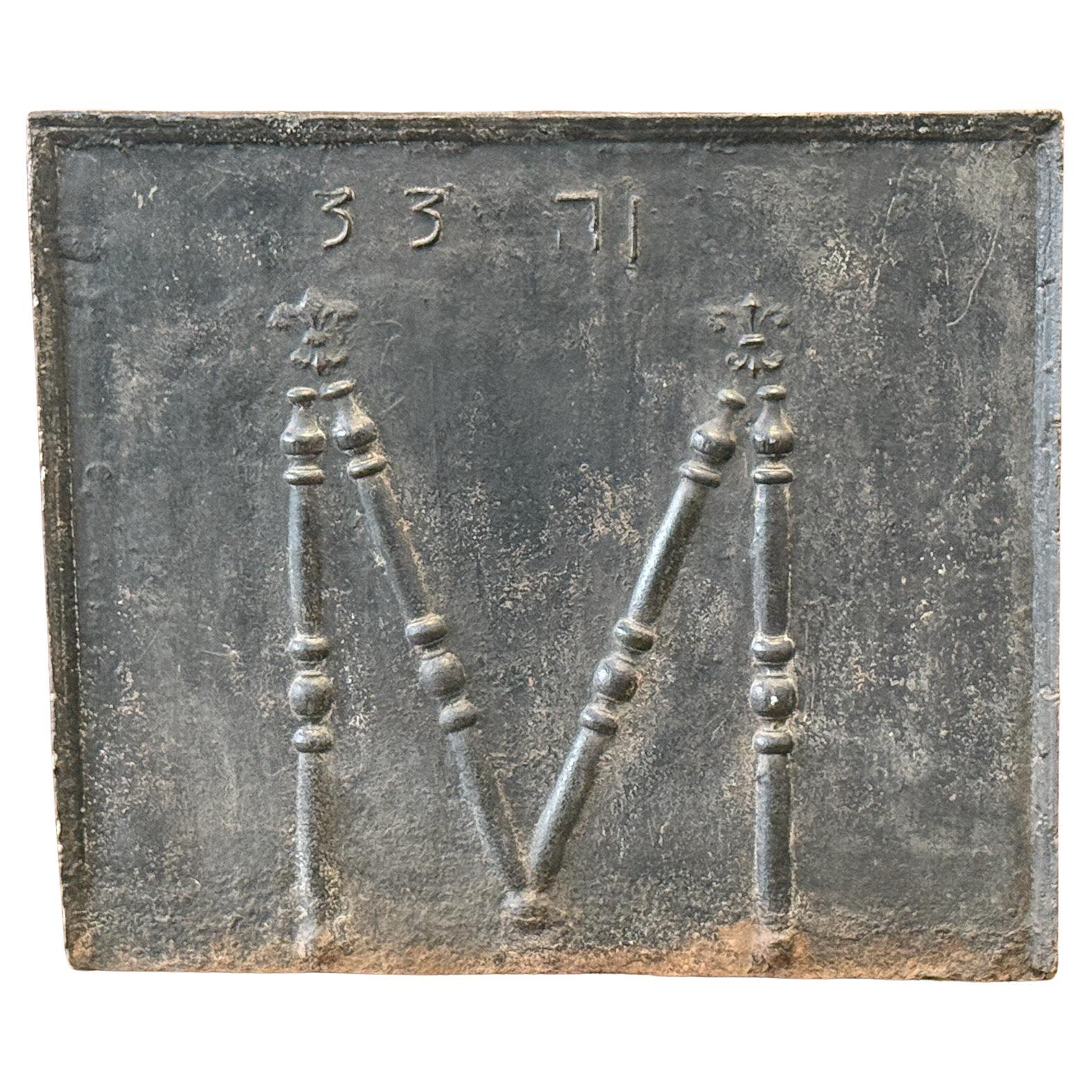 18th C French Fireback / Backsplash with Pillars and Fleurs de Lys, Dated 1733 For Sale