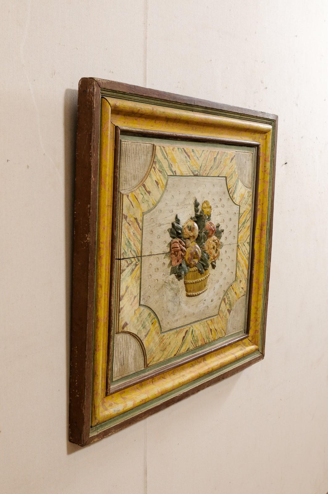 18th C. French Floral Bouquet Carved Art Wall Plaque w/its Original Paint For Sale 5
