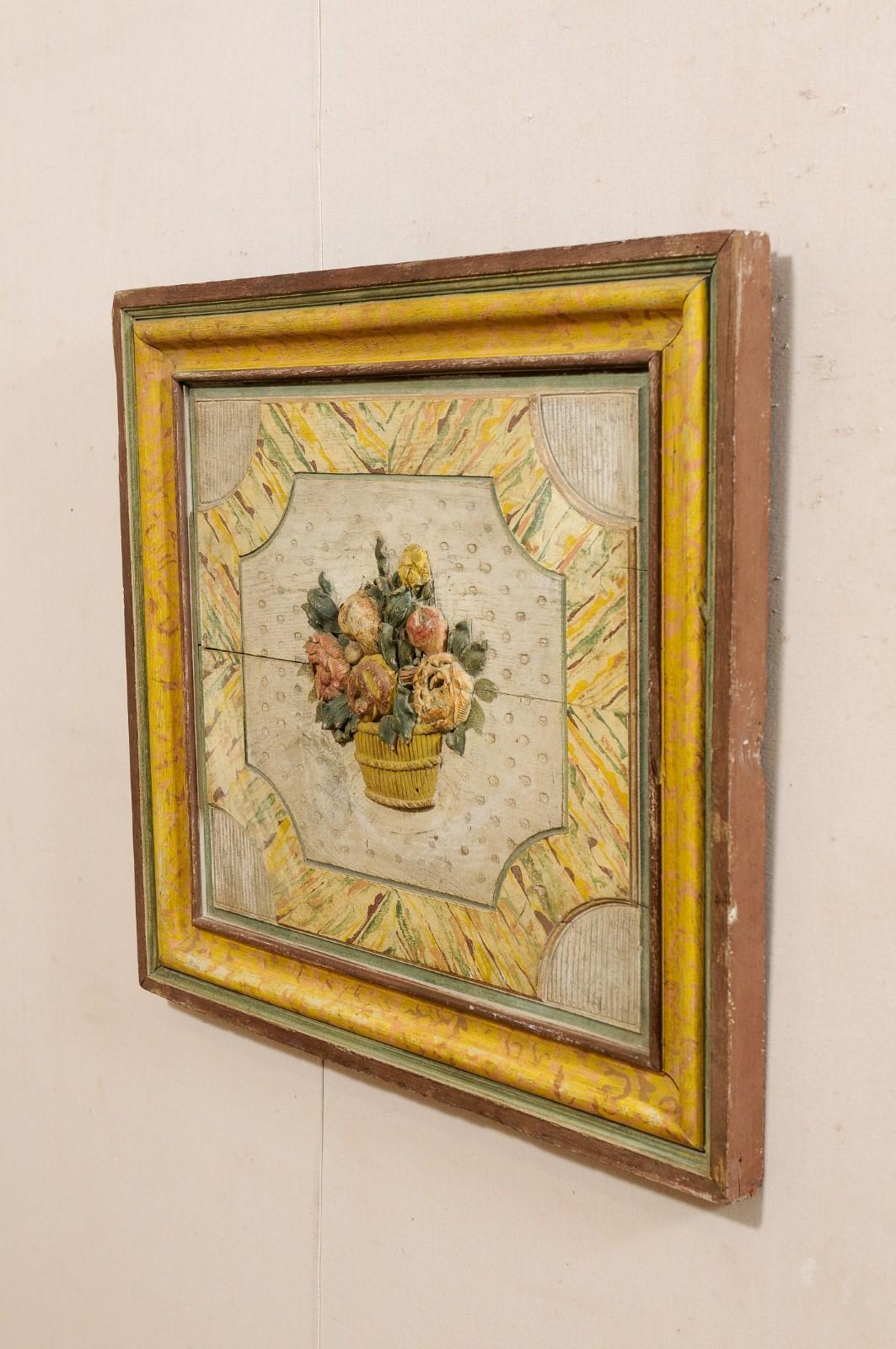 18th C. French Floral Bouquet Carved Art Wall Plaque w/its Original Paint For Sale 2