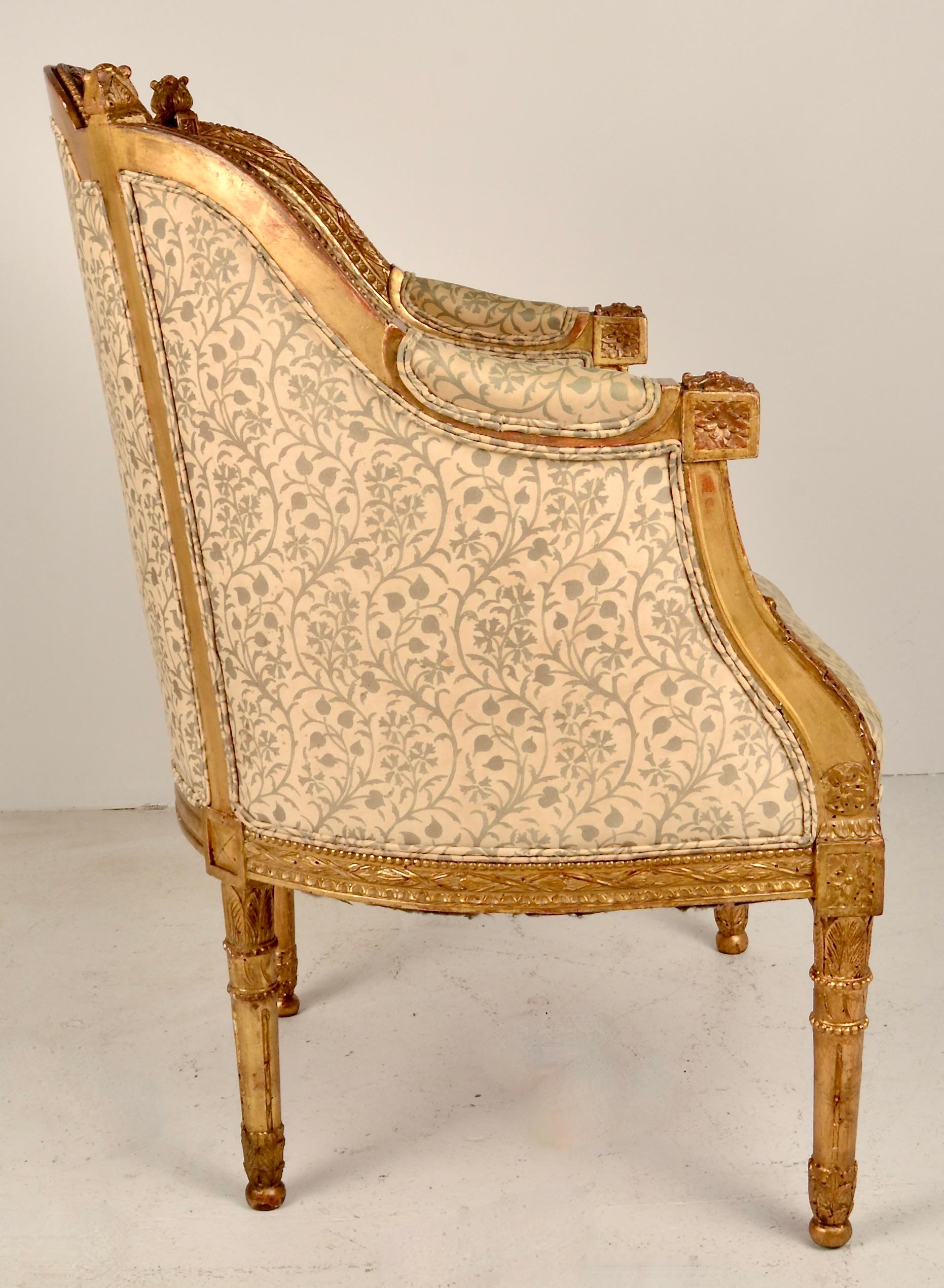 Louis XVI 18th C French Giltwood Bergere with Fortuny Upholstery For Sale