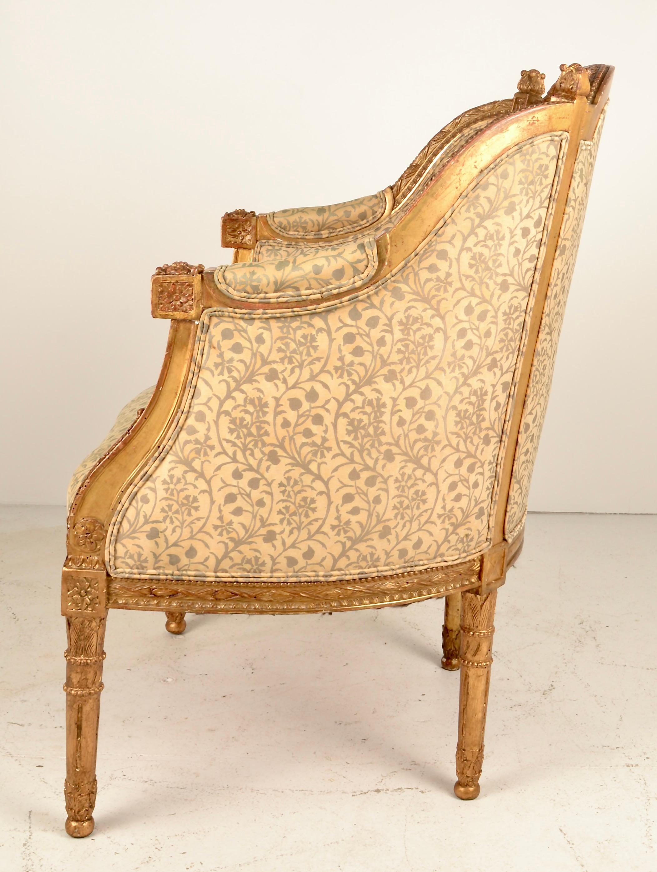 18th Century 18th C French Giltwood Bergere with Fortuny Upholstery For Sale