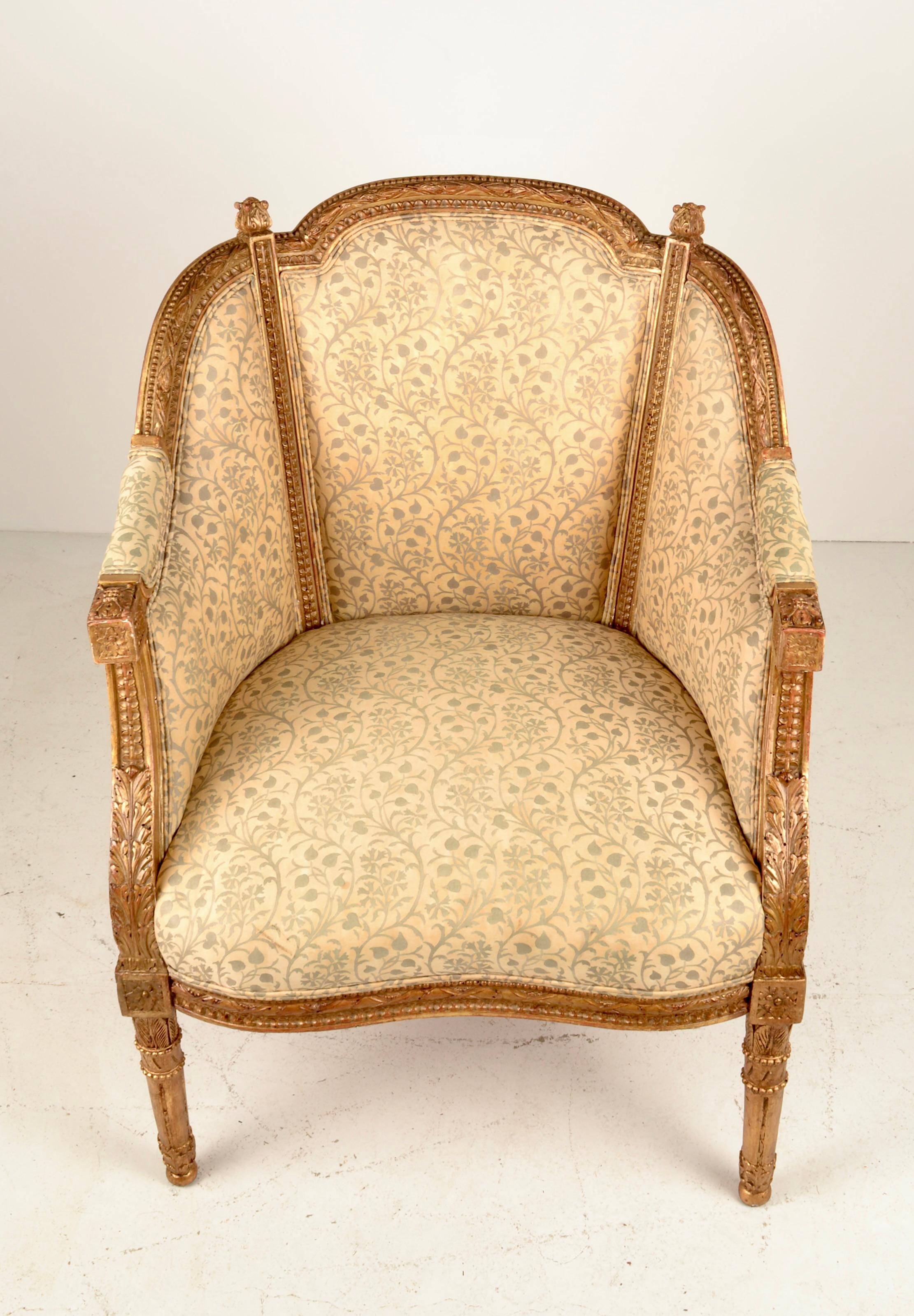 18th C French Giltwood Bergere with Fortuny Upholstery For Sale 1