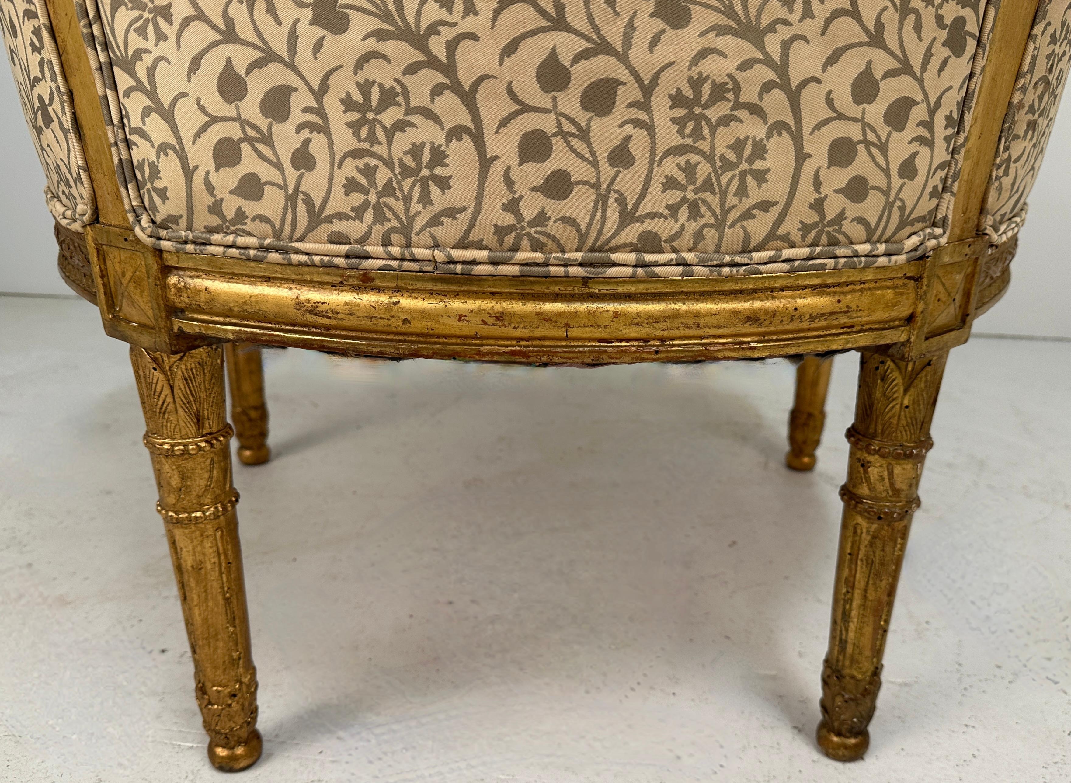 18th C French Giltwood Bergere with Fortuny Upholstery For Sale 4