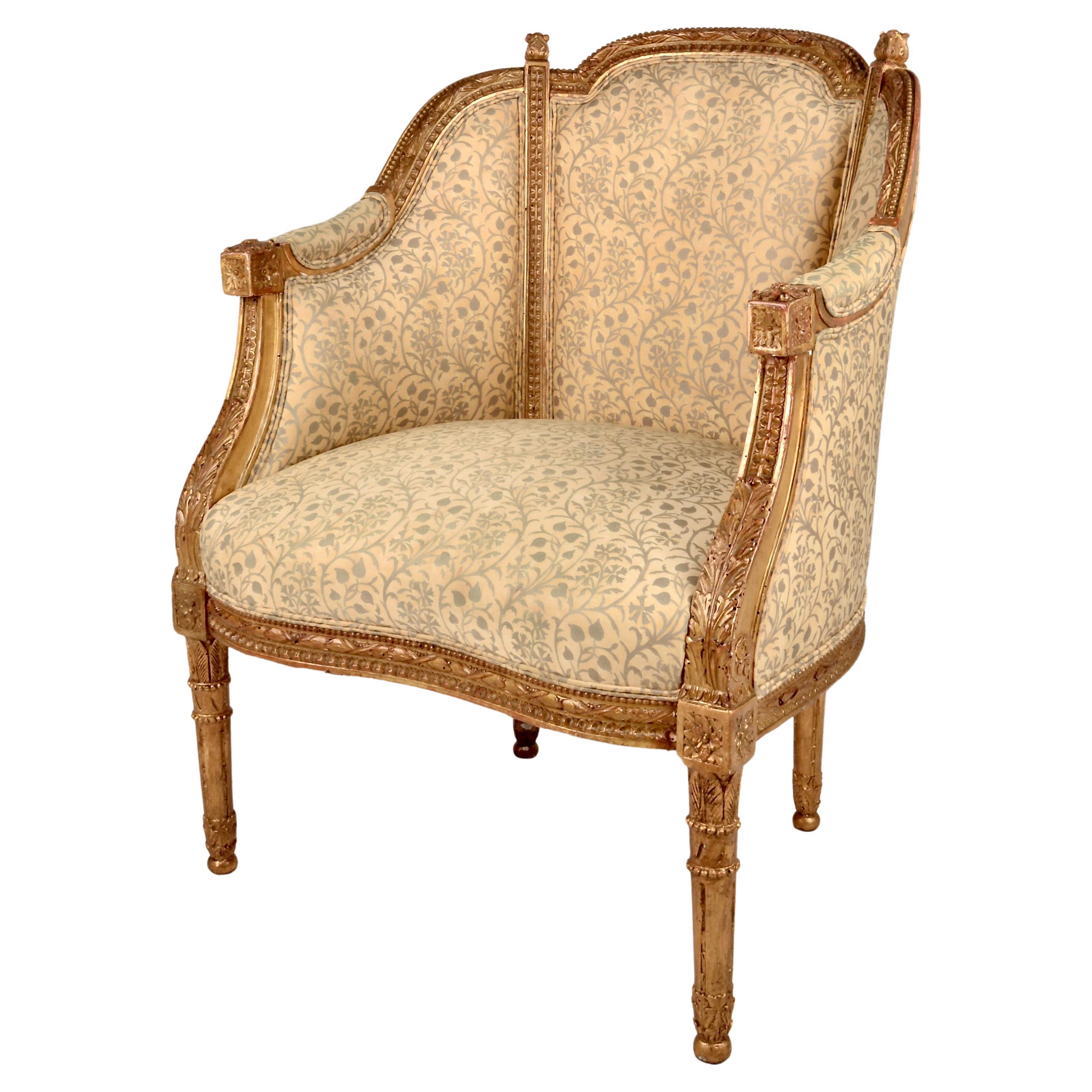 18th C French Giltwood Bergere with Fortuny Upholstery For Sale