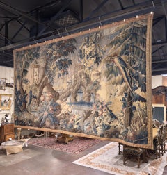 18th C. French Hand Woven Aubusson Tapestry with Birds, Ruins, and Floral Border