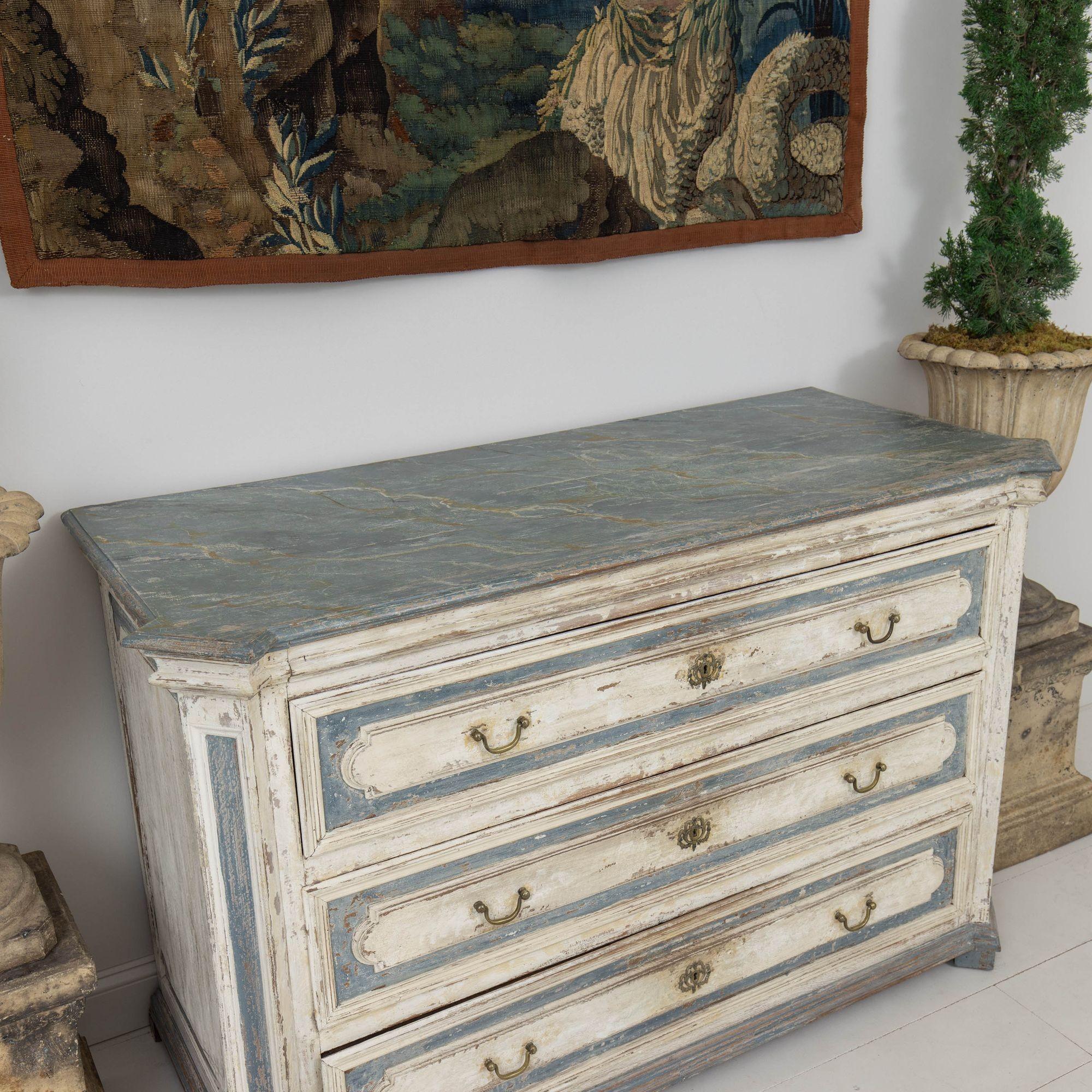 18th c. French Large Painted Commode with Hand-Painted Marbleized Top 5