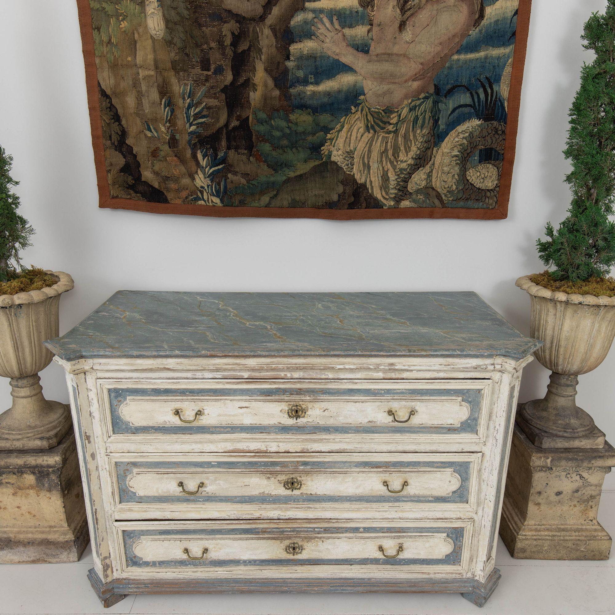 18th c. French Large Painted Commode with Hand-Painted Marbleized Top 7