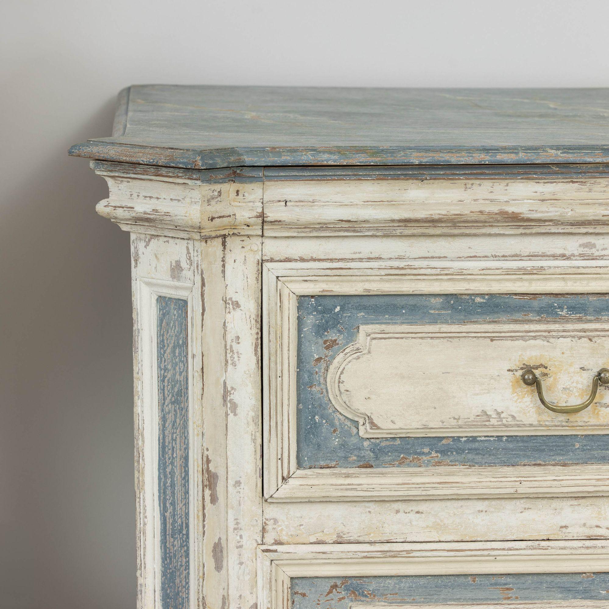 Hand-Carved 18th c. French Large Painted Commode with Hand-Painted Marbleized Top
