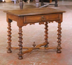 18th C. French Louis XIII Walnut Table Desk with Barley Twist Legs and Drawer