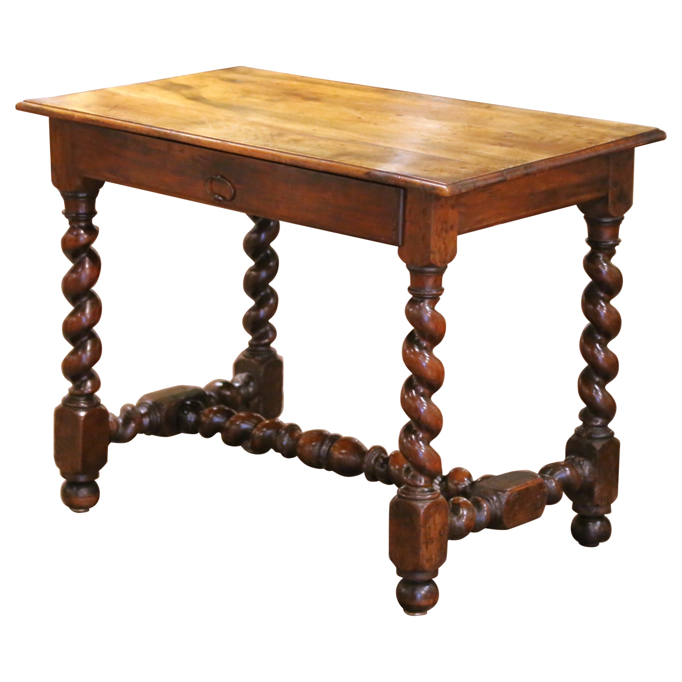 Mesa escritorio francesa Luis XIII de nogal del s. XVIII con patas torcidas de cebada y cajón en venta
