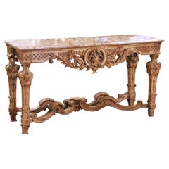 Tavolo da console francese Luigi XIV del XVIII secolo in noce sbiancato con piano in marmo di Breccia
