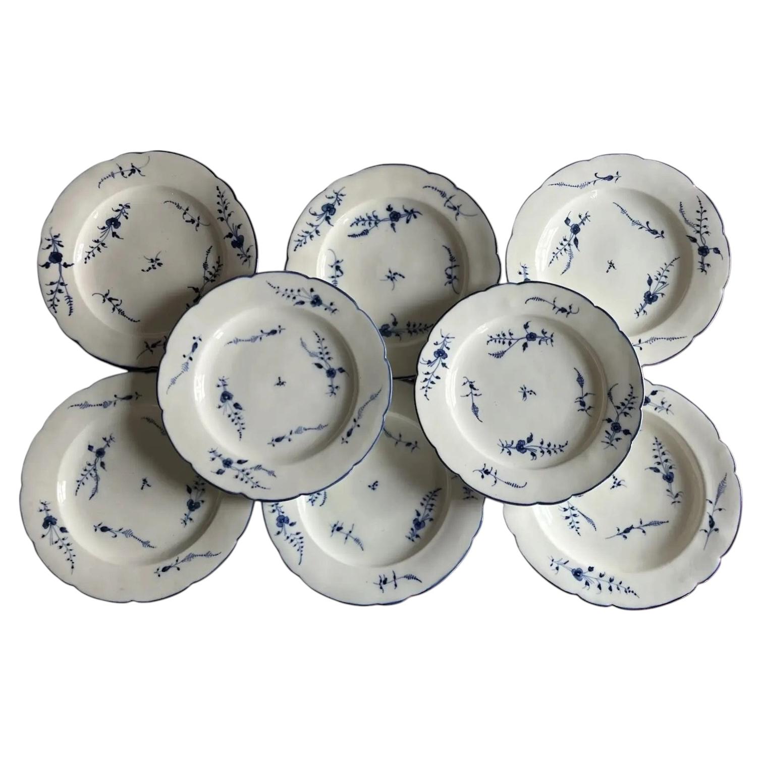 18th c. French Louis XV Chantilly Porcelain Dinner Plates in Blue & White Sprig