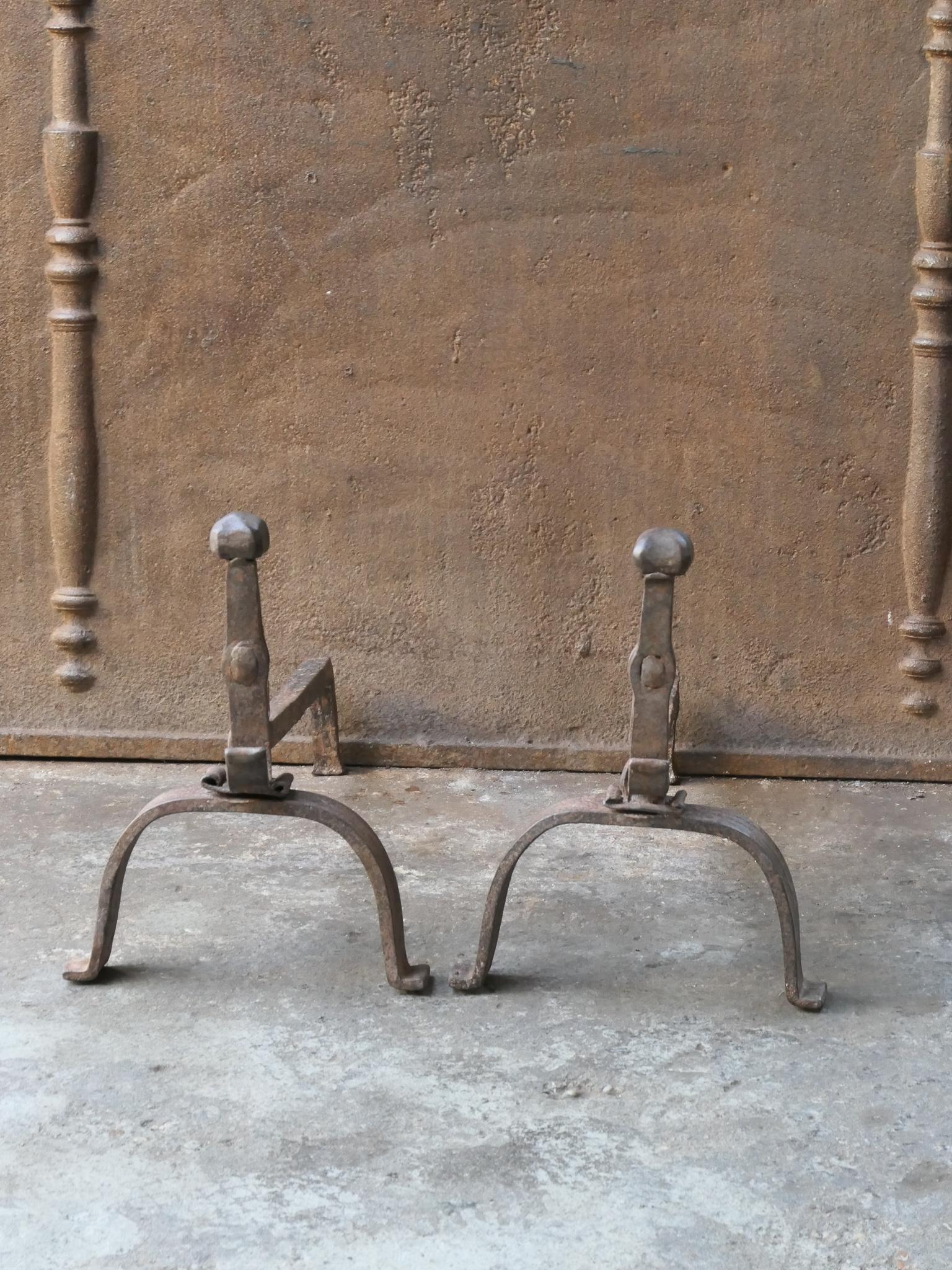 Forged 18th C. French Louis XV Wrought Iron Andirons For Sale