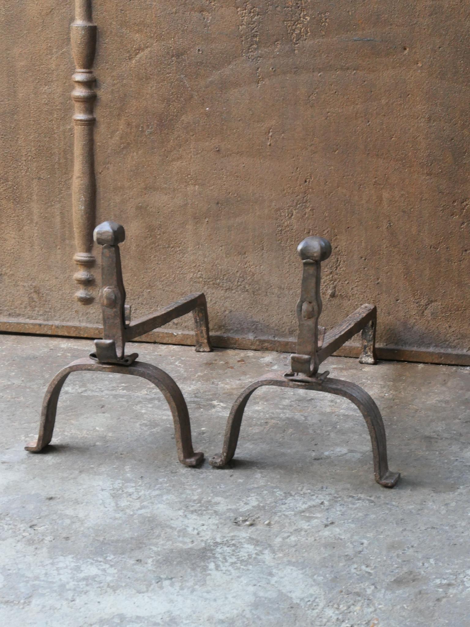 18th Century and Earlier 18th C. French Louis XV Wrought Iron Andirons For Sale