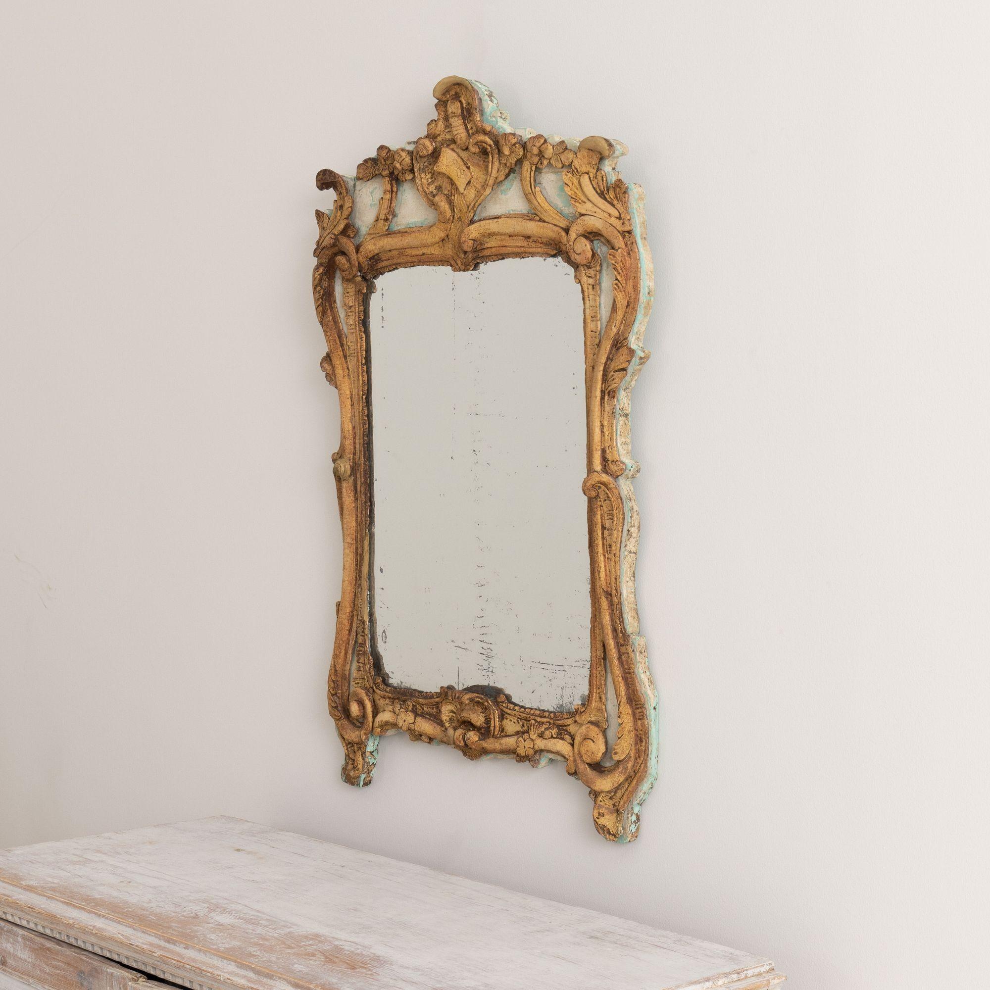 Hand-Carved 18th c. French Louis XV Period Giltwood Mirror with Original Mirror Plate