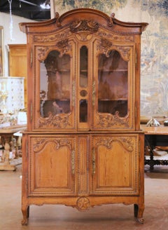 18th C. French Louis XV Pine Buffet-Deux-Corps Vitrine Cabinet from Normandy