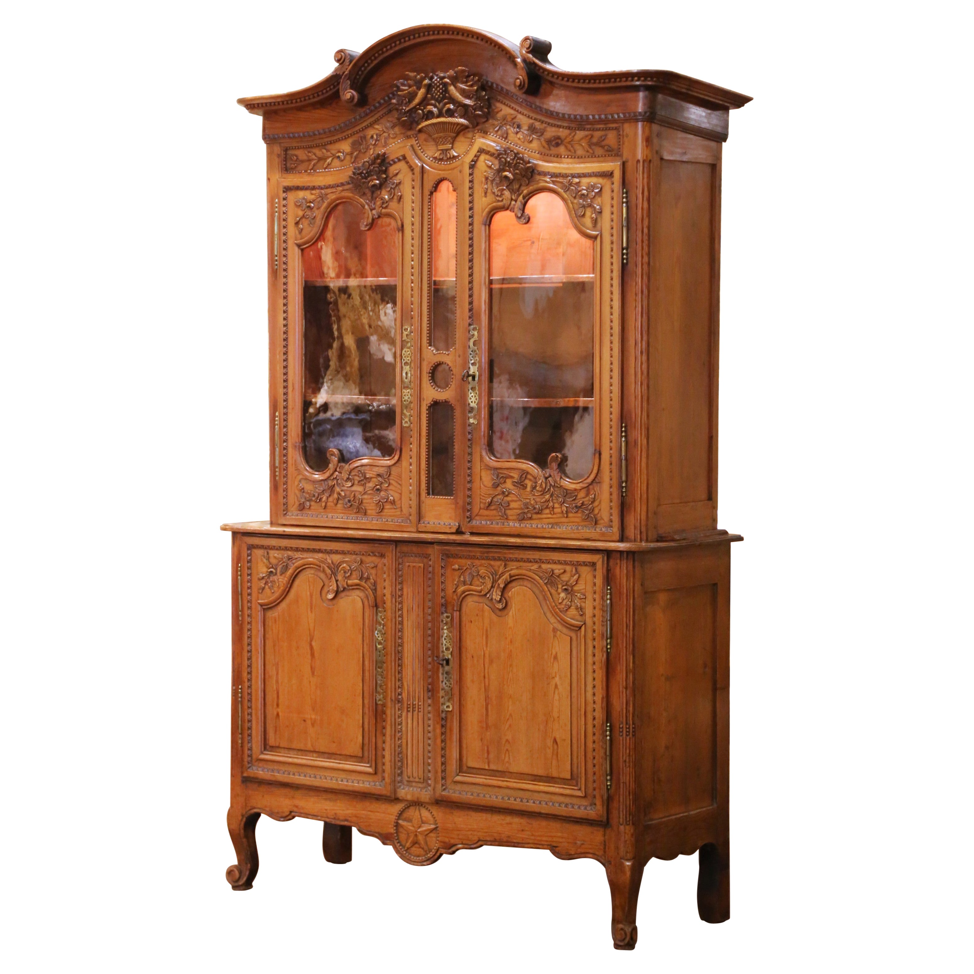18th C. French Louis XV Pine Buffet-Deux-Corps Vitrine Cabinet from Normandy