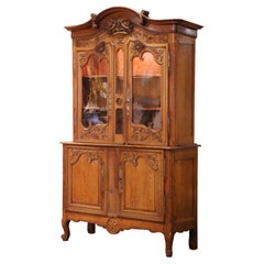 18th C. French Louis XV Pine Buffet-Deux-Corps Vitrine Cabinet from Normandy