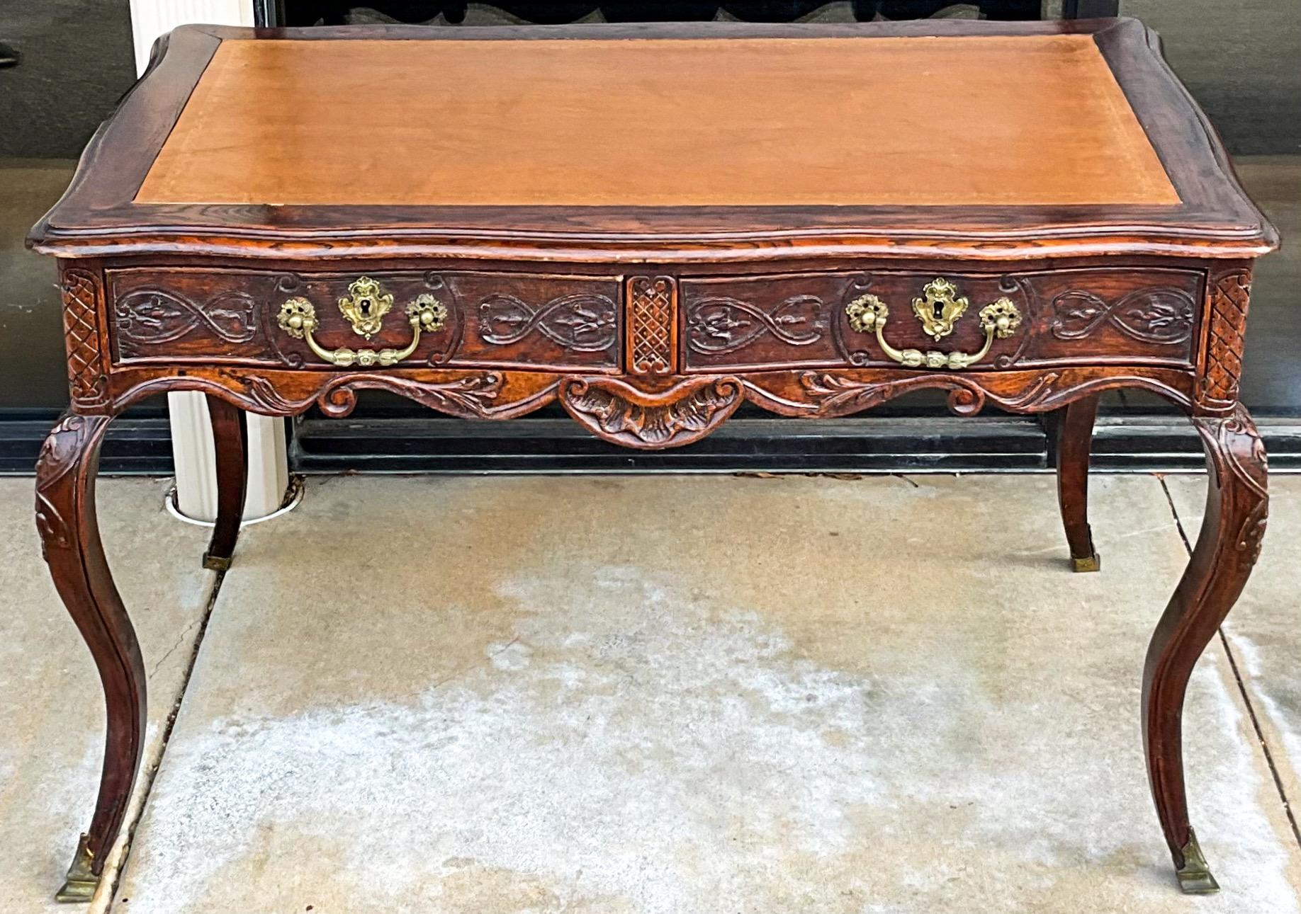 18th-C. French Louis XV Style Carved Oak Tooled Leather & Bronze Writing Desk For Sale 7