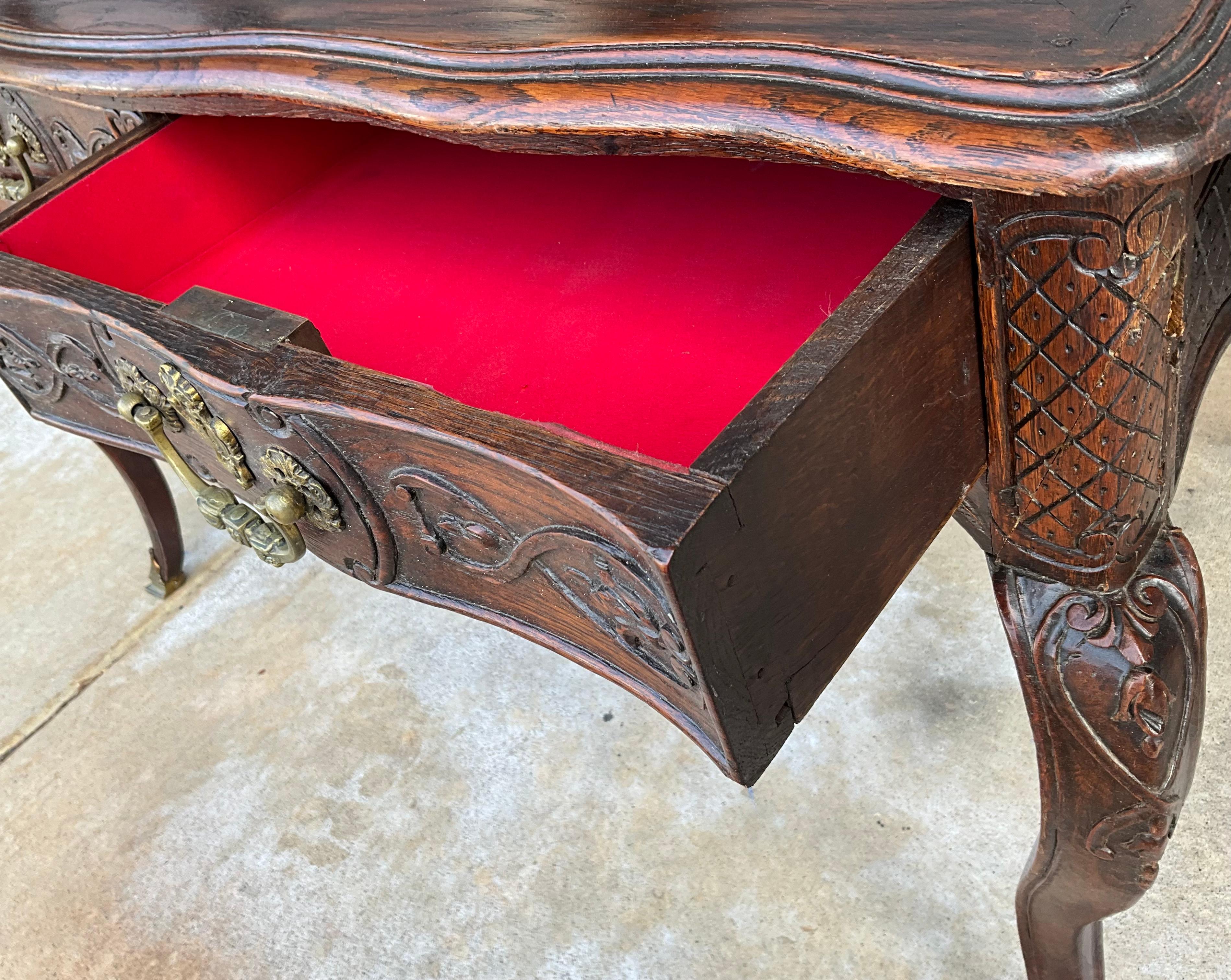 18th Century 18th-C. French Louis XV Style Carved Oak Tooled Leather & Bronze Writing Desk For Sale