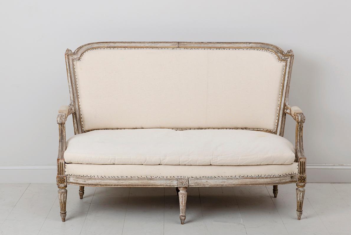 18th C. French Louis XVI Original Paint Banquette or Canapé with Traces of Gilt 1