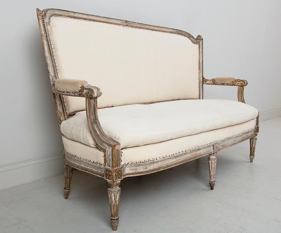 18th C. French Louis XVI Original Paint Banquette or Canapé with Traces of Gilt 3