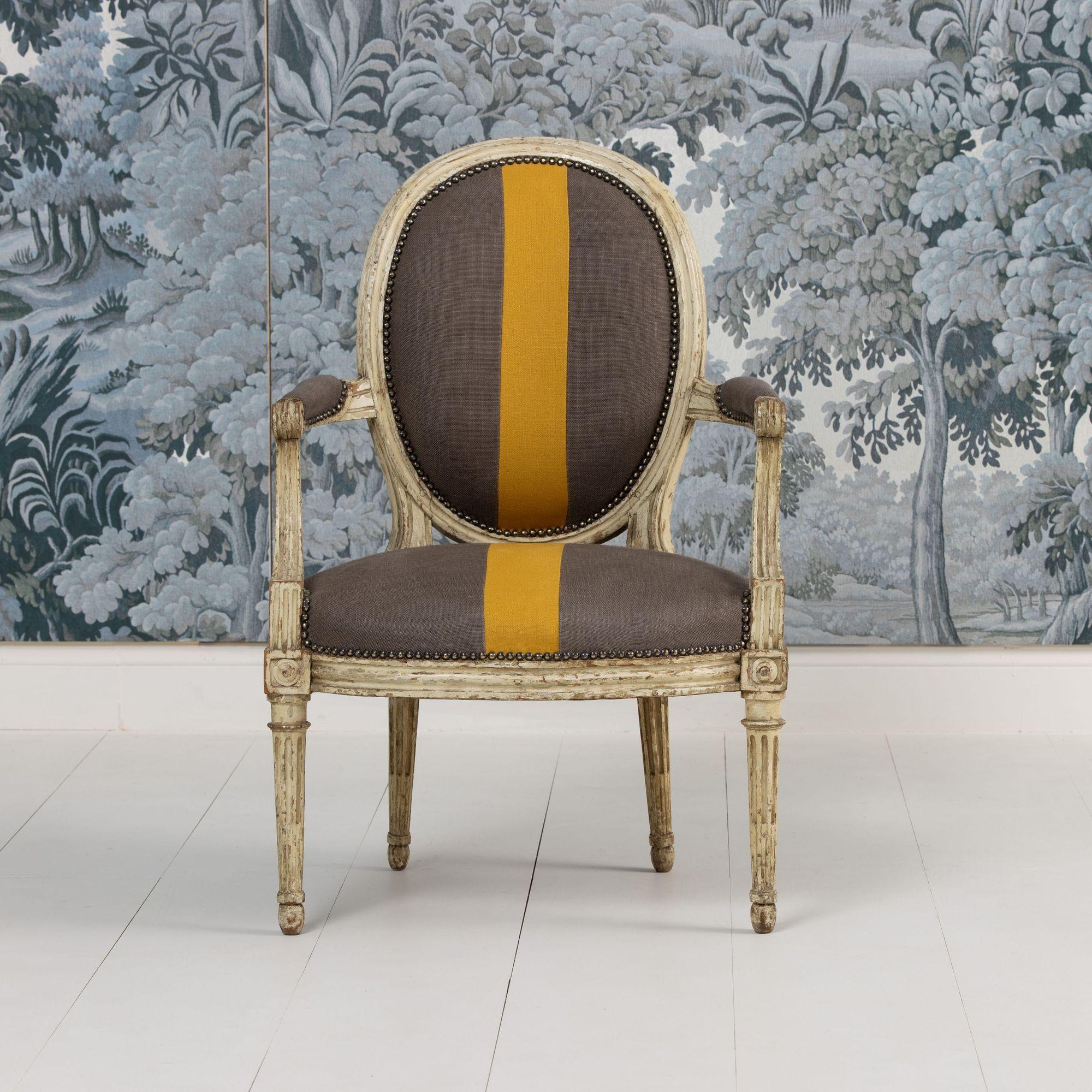 Hand-Carved 18th c. French Louis XVI Period Fauteuil - Armchair in Original Paint For Sale