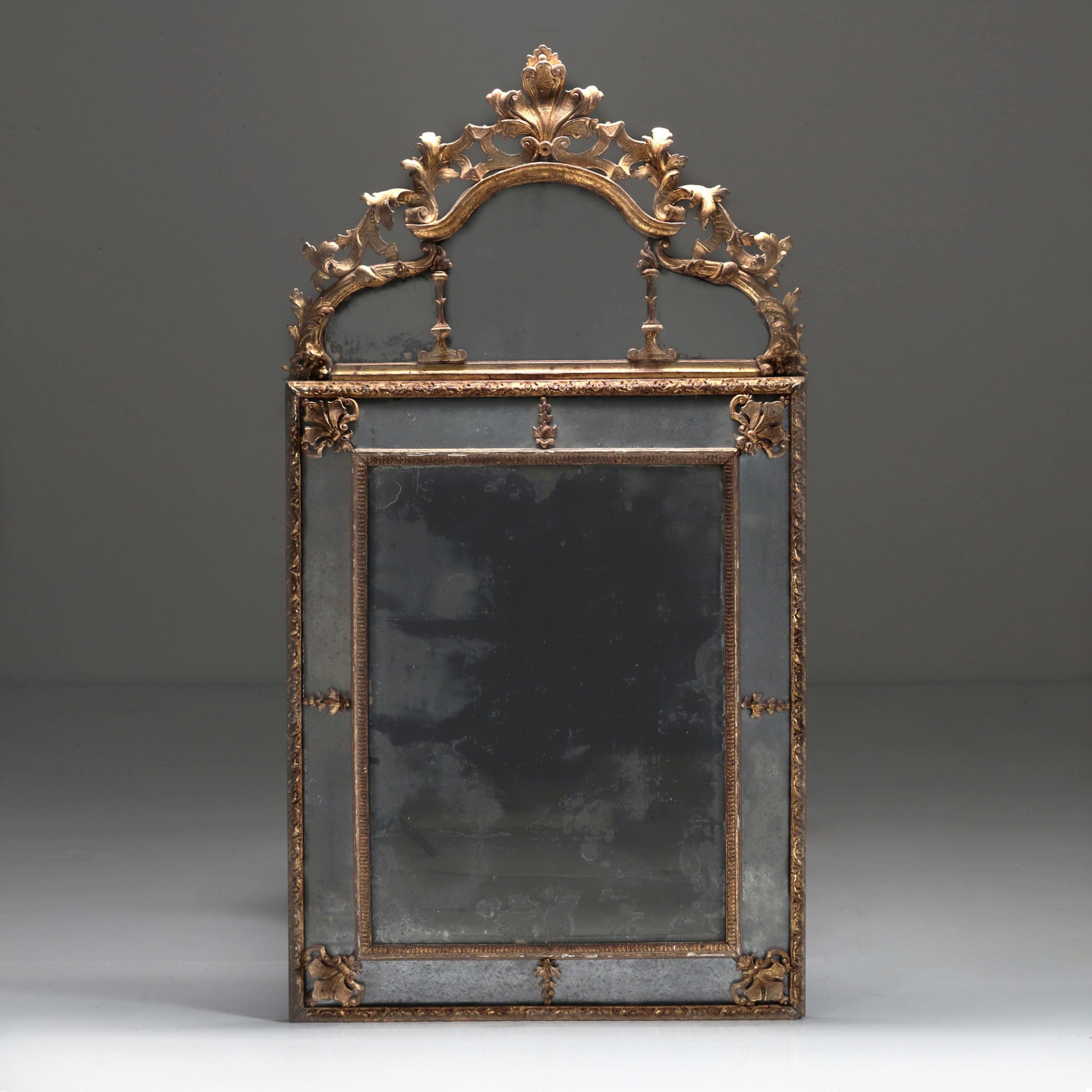 Hand-Crafted 18th c. French Marginal Glass Louis XIV Gold Leaf Mirror from Private Collection For Sale