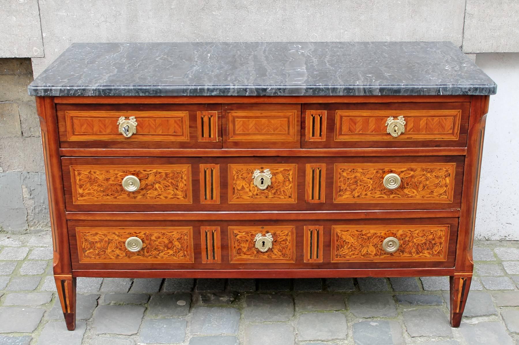 18th century French marquetry chest of drawers, stamped J. Chastel
The marble has been replaced.
