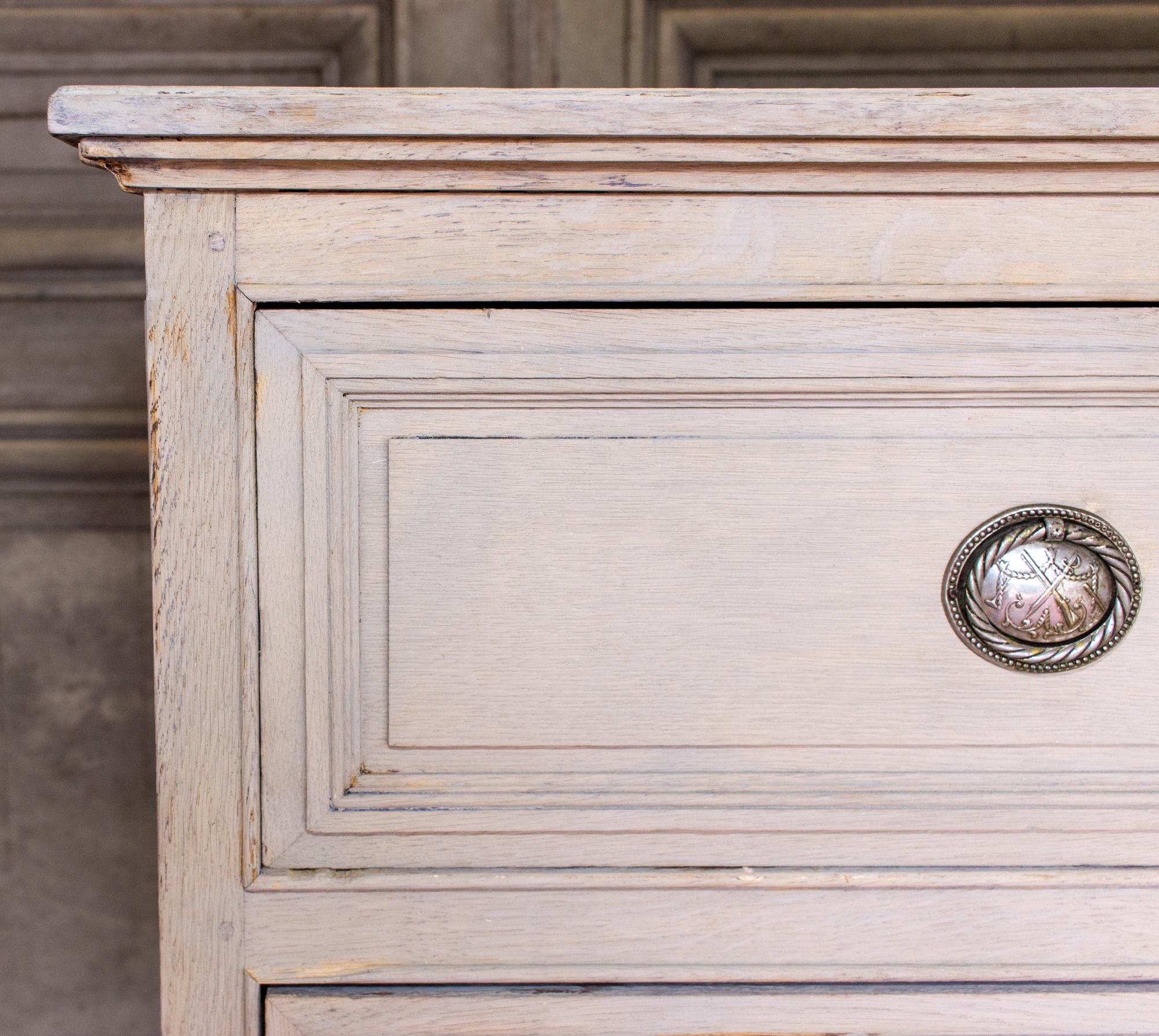 18th C French Oak Chest of Drawers in Whitewash Finish with Napoleonic Hardware 6
