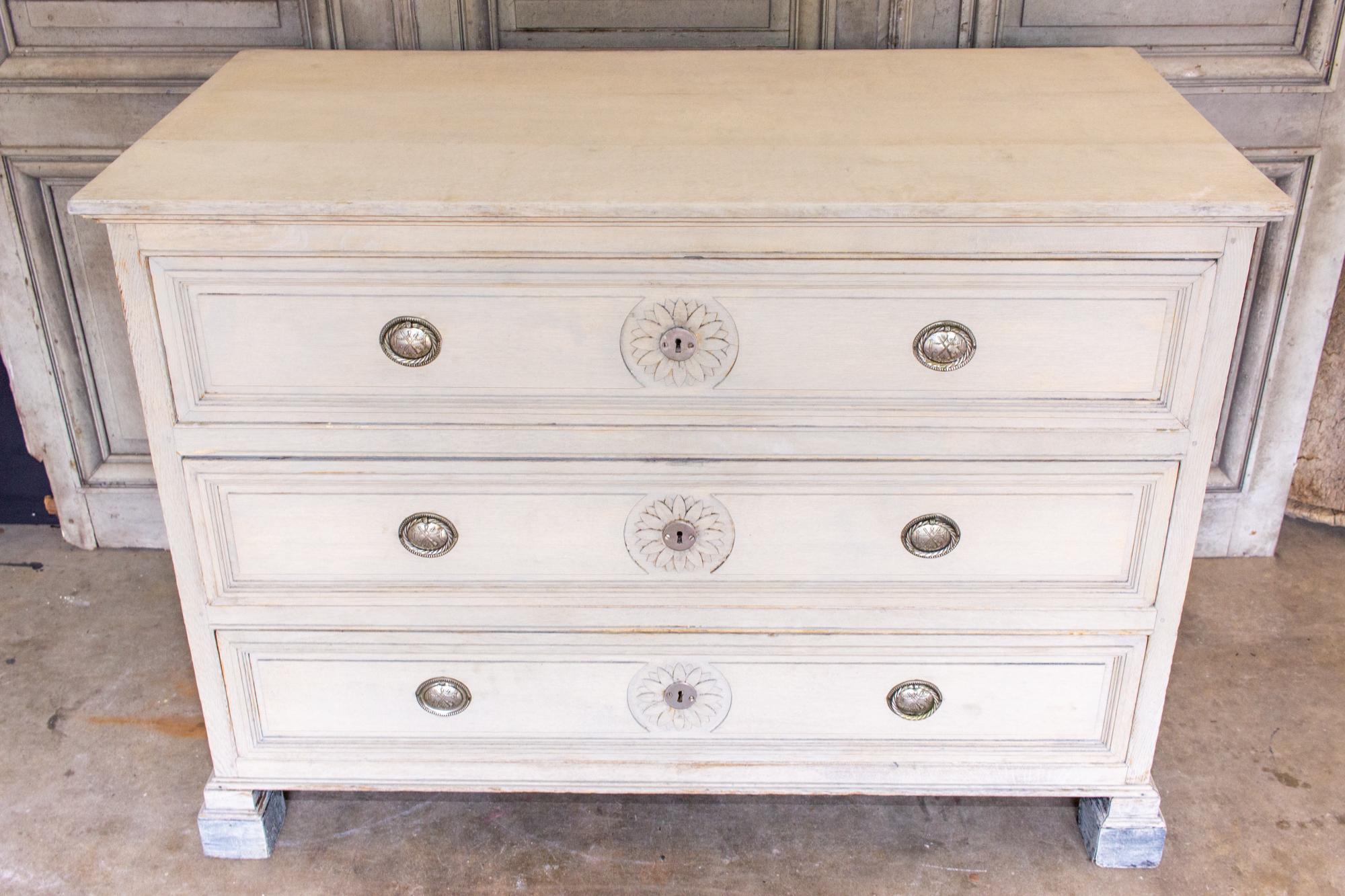 French Provincial 18th C French Oak Chest of Drawers in Whitewash Finish with Napoleonic Hardware