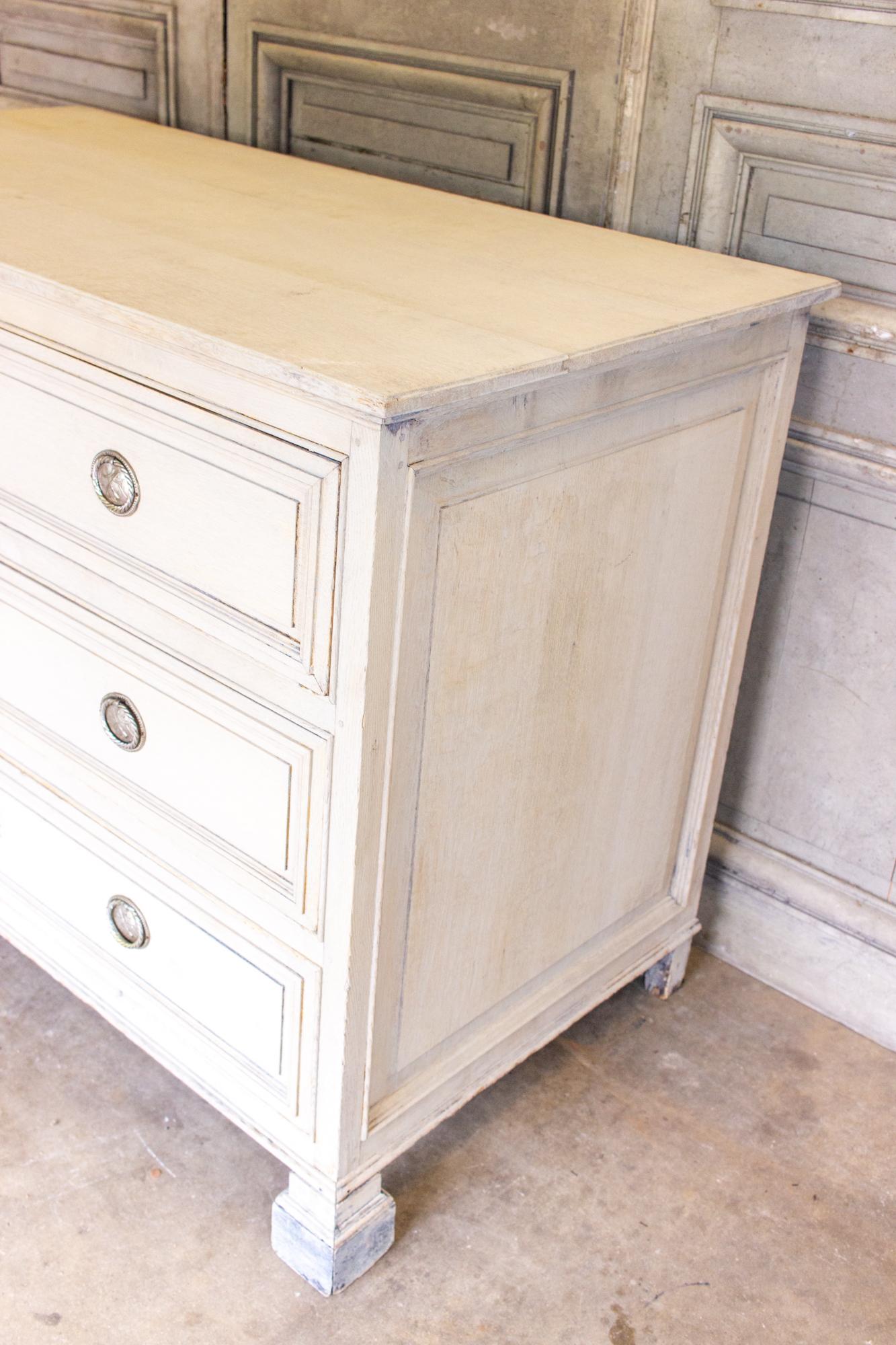 18th C French Oak Chest of Drawers in Whitewash Finish with Napoleonic Hardware 3