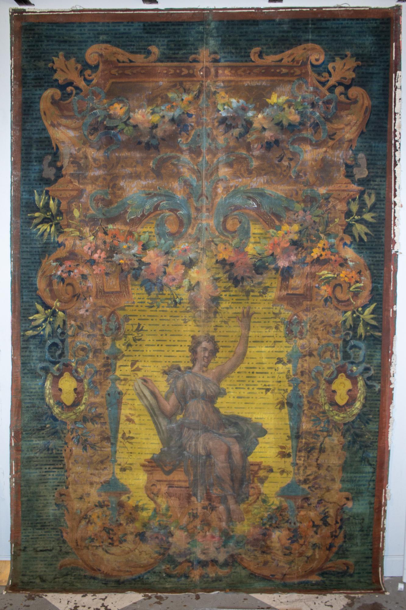 This is an early French Tapestry Cartoon, which would have been used as a guide in weaving tapestries...

Historically, tapestry weavers worked while facing what would be the back of the finished piece. They copied with their colored weft threads