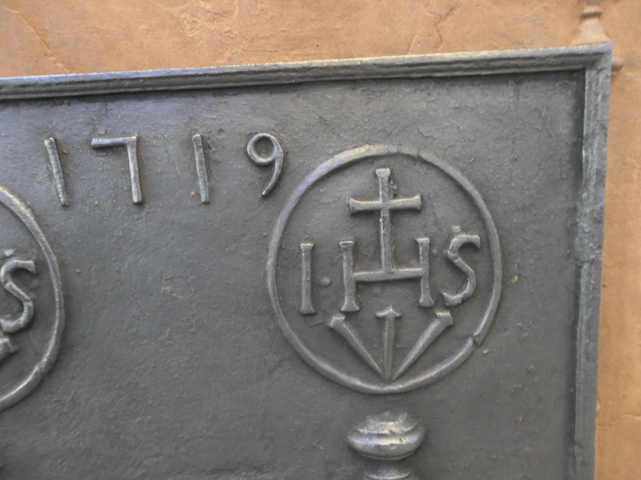18th C. French 'Pillars with IHS Monograms' Fireback / Backsplash, Louis XIV For Sale 4