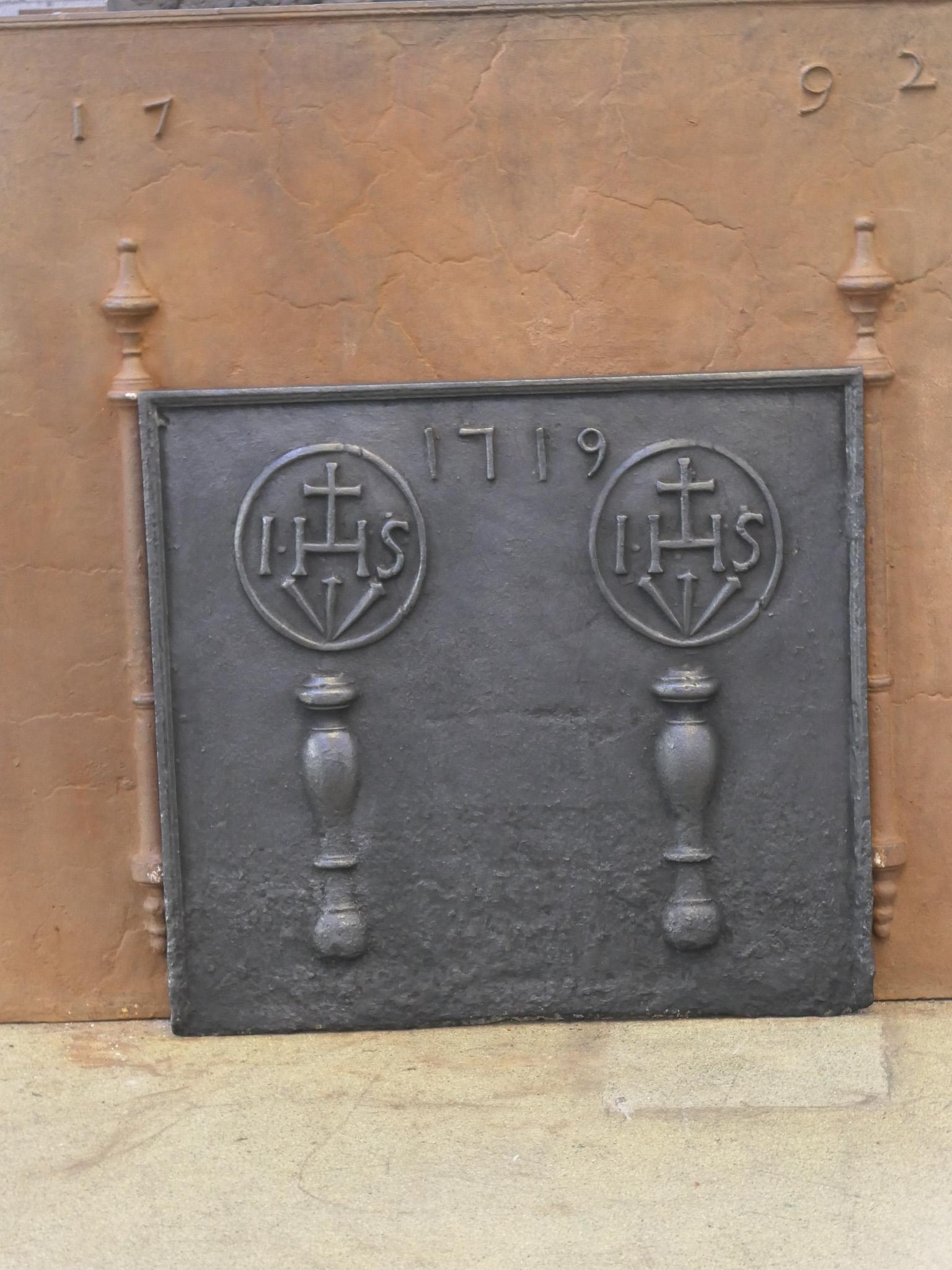 Cast 18th C. French 'Pillars with IHS Monograms' Fireback / Backsplash, Louis XIV For Sale