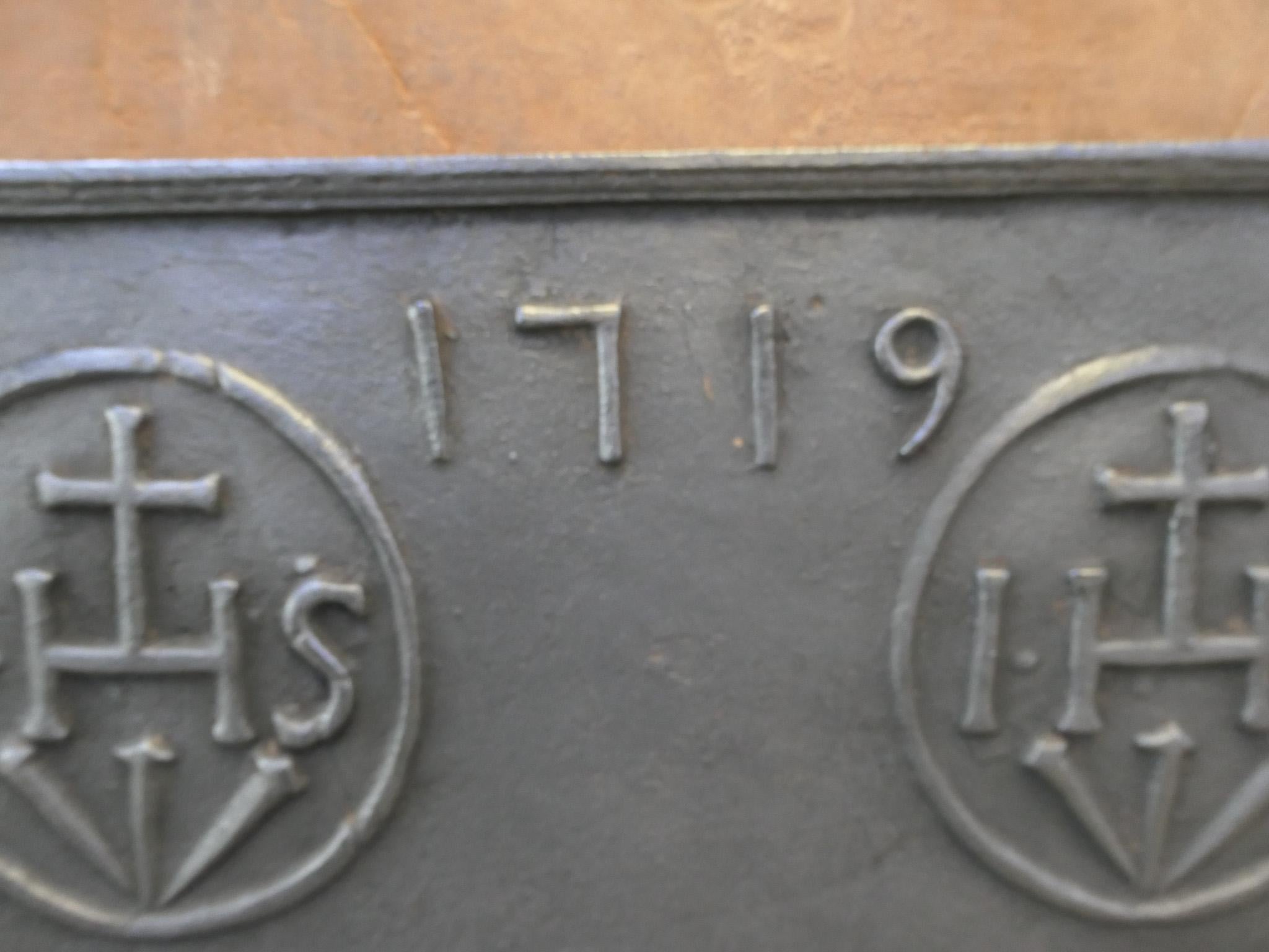 Iron 18th C. French 'Pillars with IHS Monograms' Fireback / Backsplash, Louis XIV For Sale