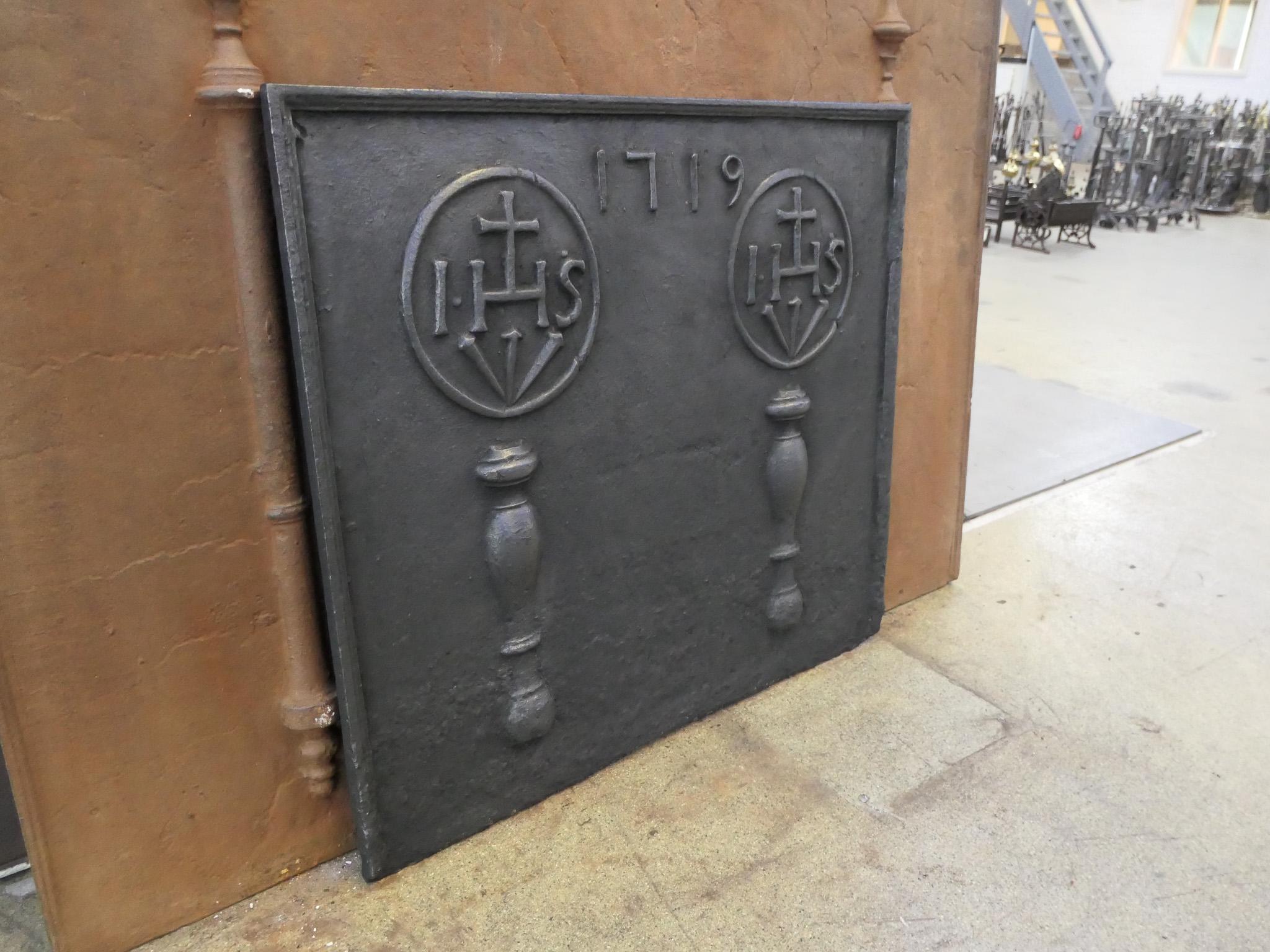 18th C. French 'Pillars with IHS Monograms' Fireback / Backsplash, Louis XIV For Sale 3