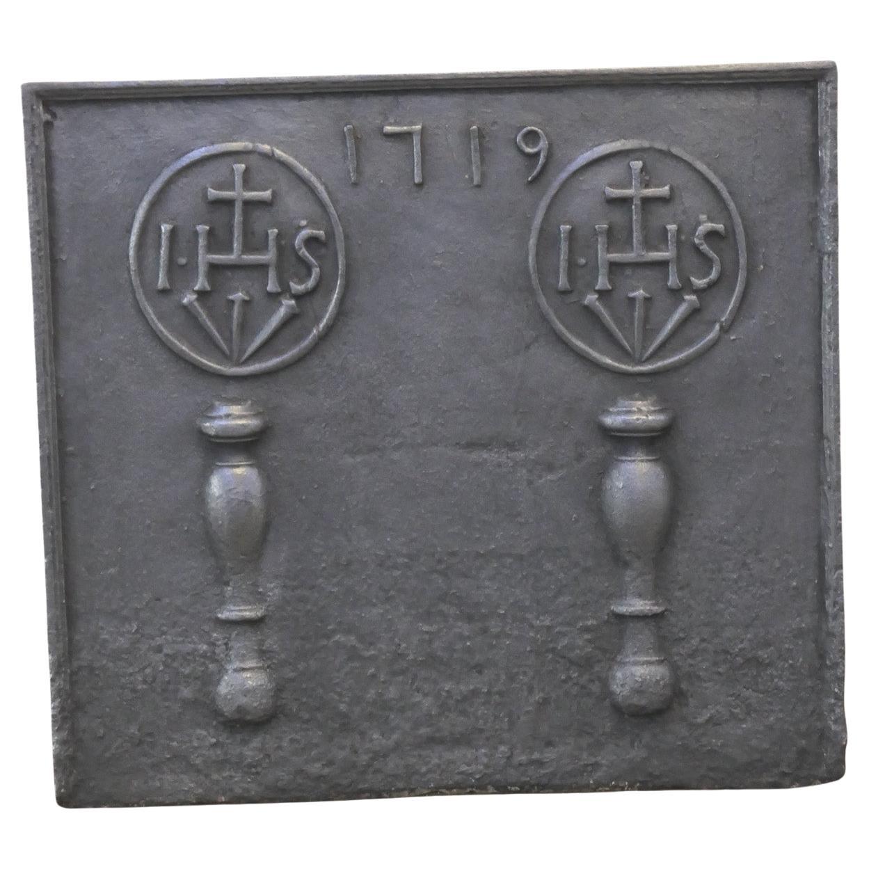 18th C. French 'Pillars with IHS Monograms' Fireback / Backsplash, Louis XIV For Sale