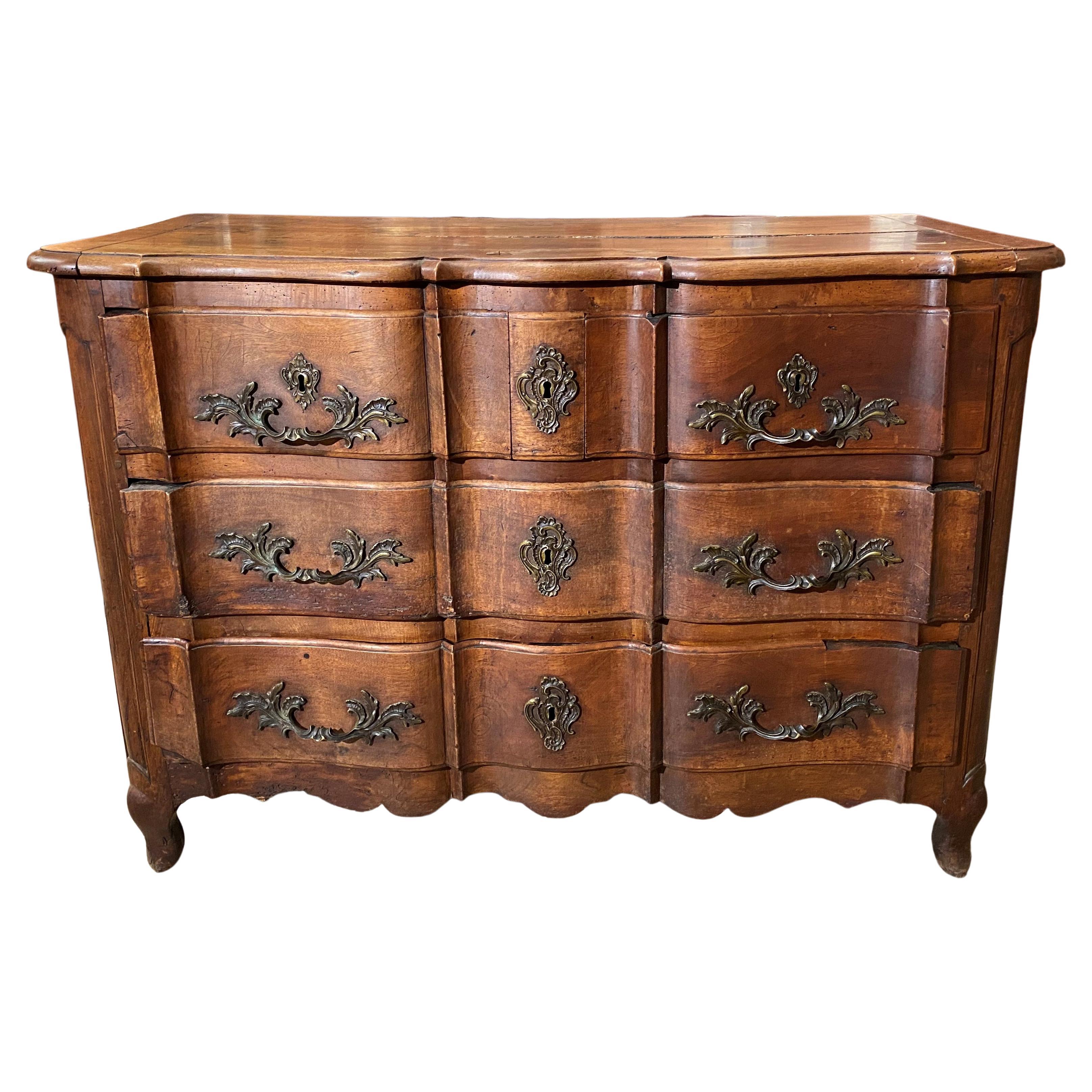 18th C French Provincial Five Drawer Walnut Commode with Serpentine Front