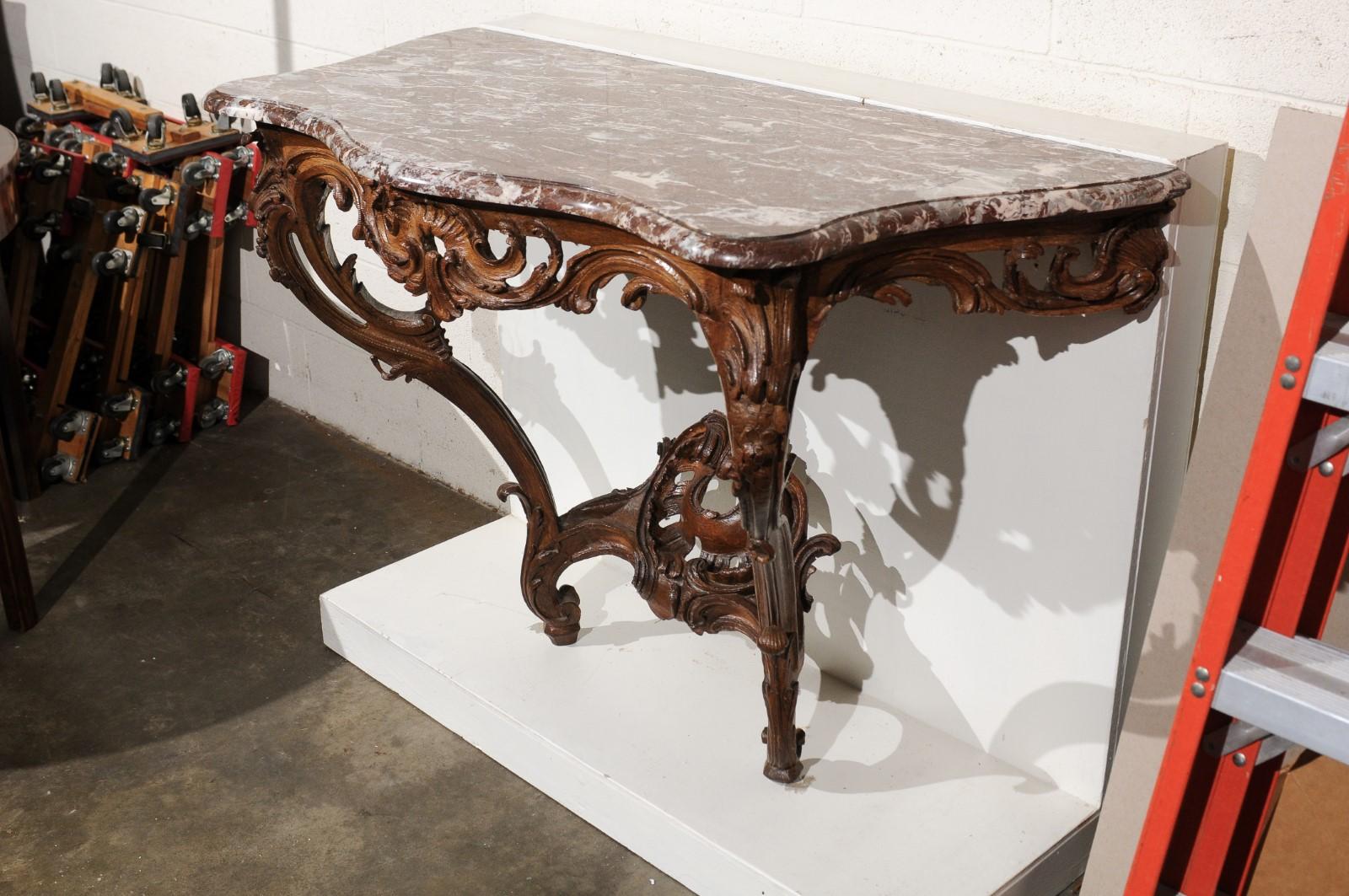 18th C. French Regence Period Oak Wall Mounted Console w Rouge Royale Marble Top For Sale 4