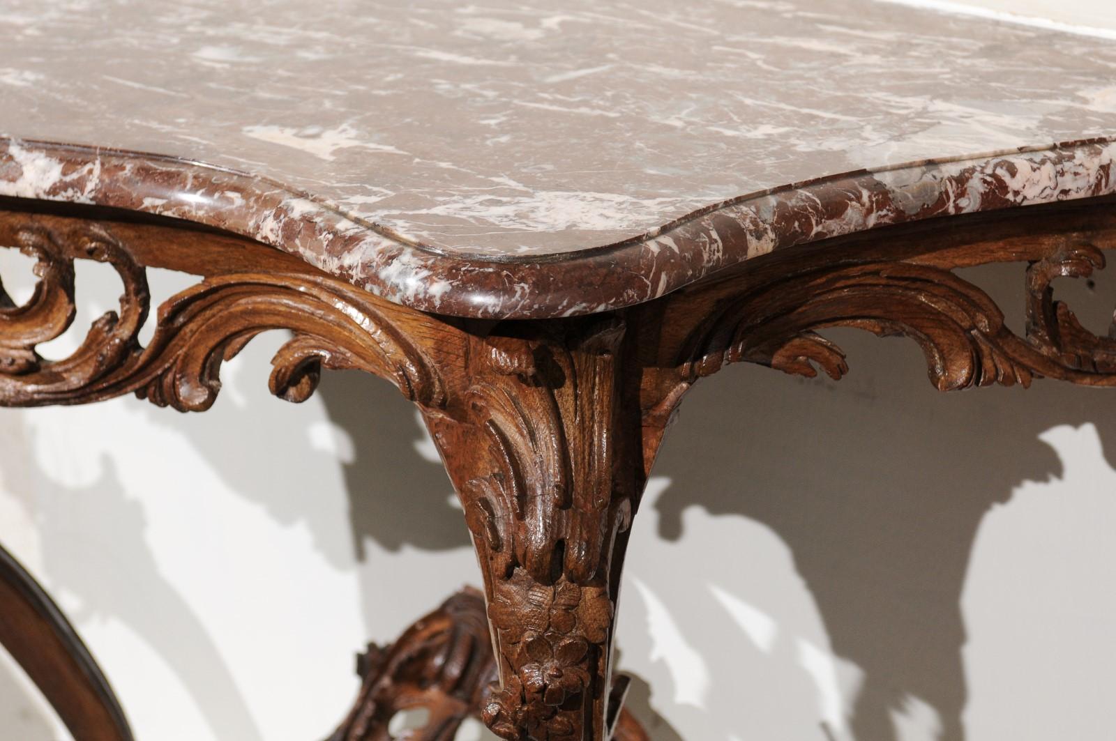 18th C. French Regence Period Oak Wall Mounted Console w Rouge Royale Marble Top For Sale 5