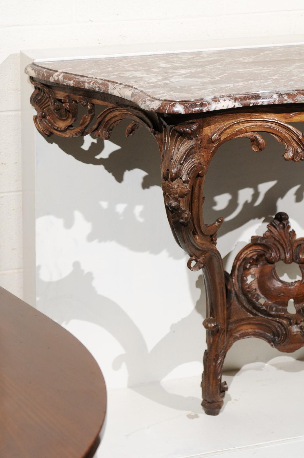 18th C. French Regence Period Oak Wall Mounted Console w Rouge Royale Marble Top For Sale 7