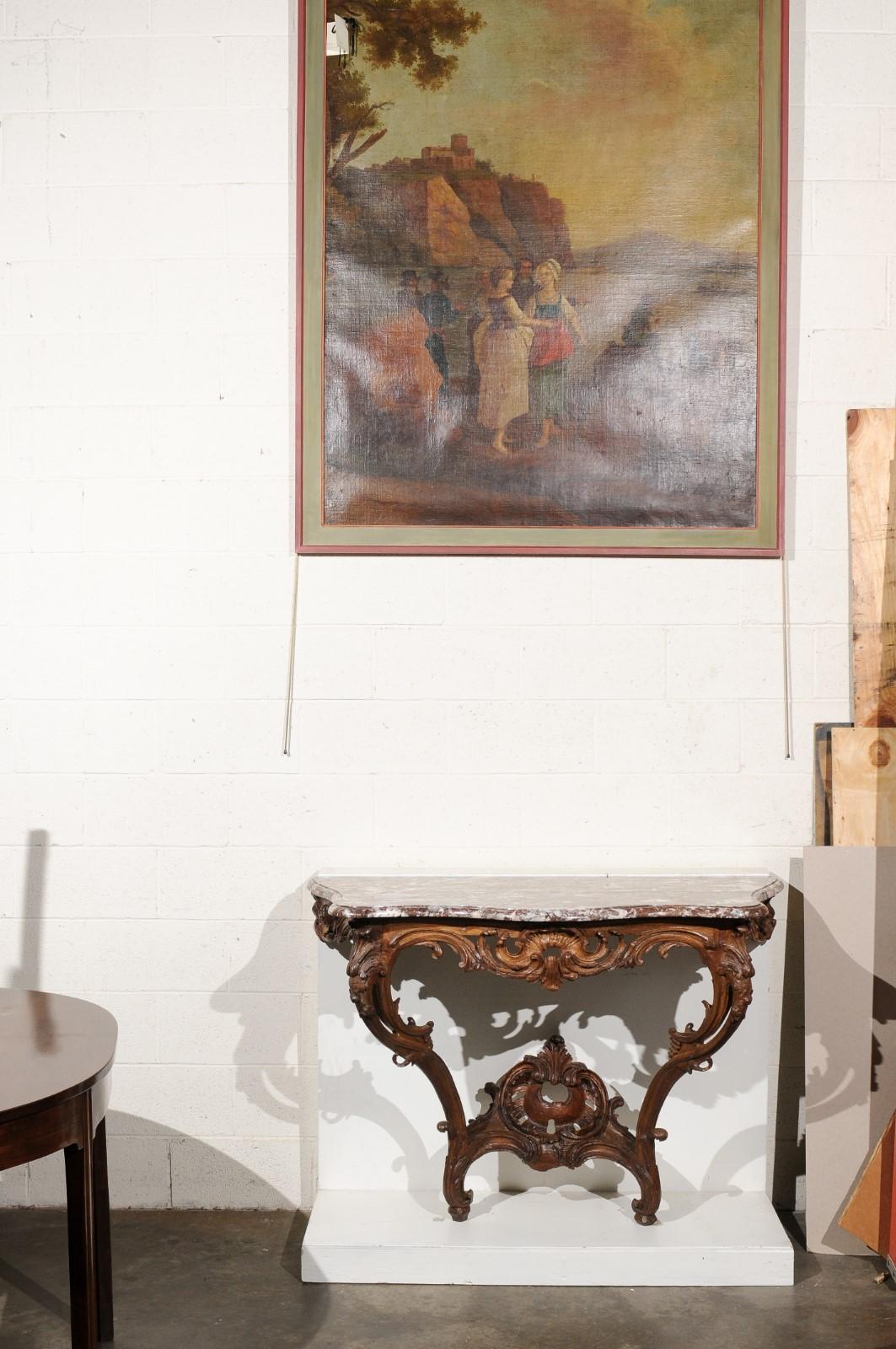 Régence 18th C. French Regence Period Oak Wall Mounted Console w Rouge Royale Marble Top For Sale